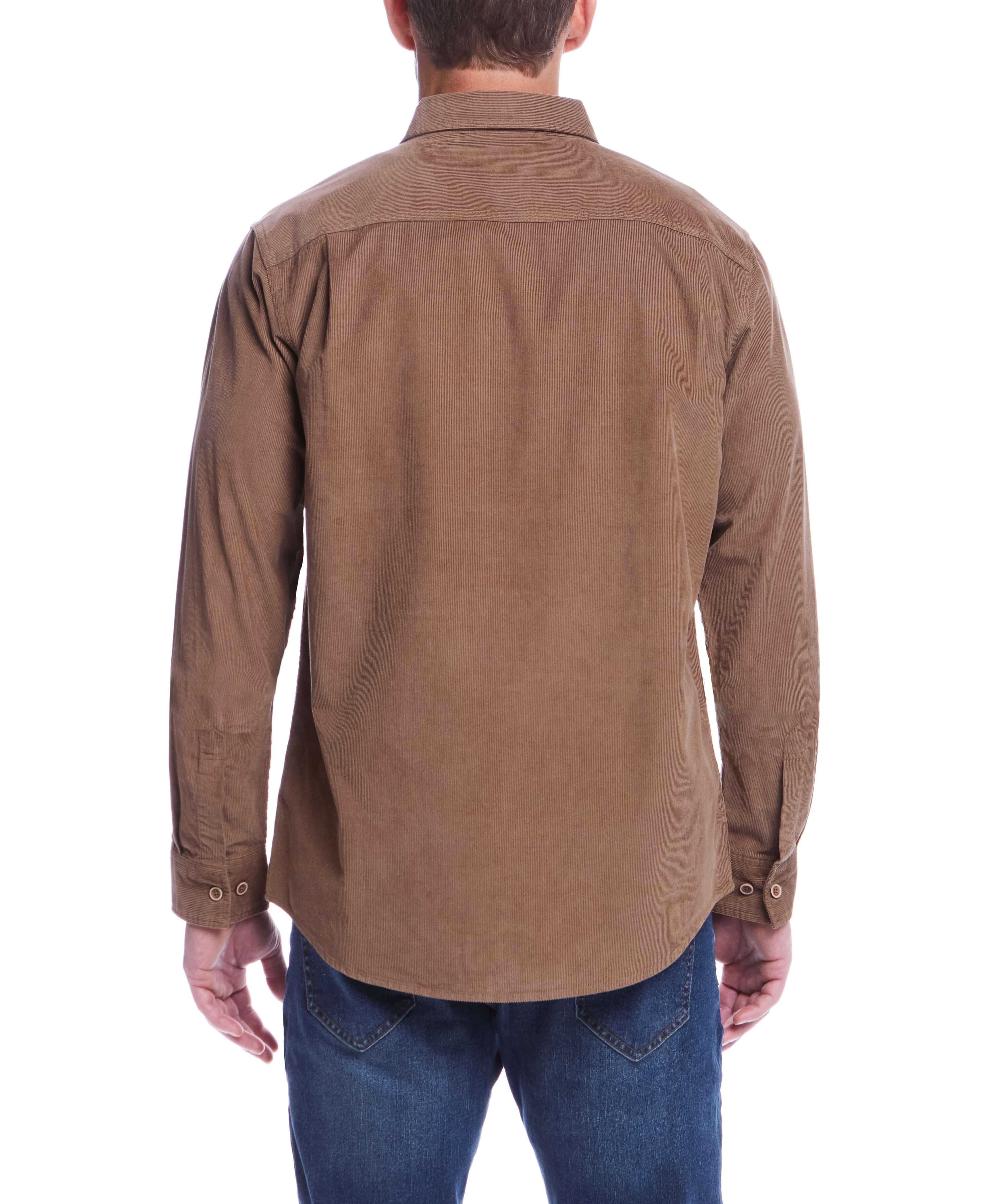 Back view of a man in a Thin Wale Solid Cord Shirt in Mountain Trail color, showcasing its soft corduroy fabric.