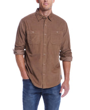 Thin Wale Solid Cord Shirt in Mountain Trail, cozy cotton blend, button down collar, showcased with denim for versatile style.