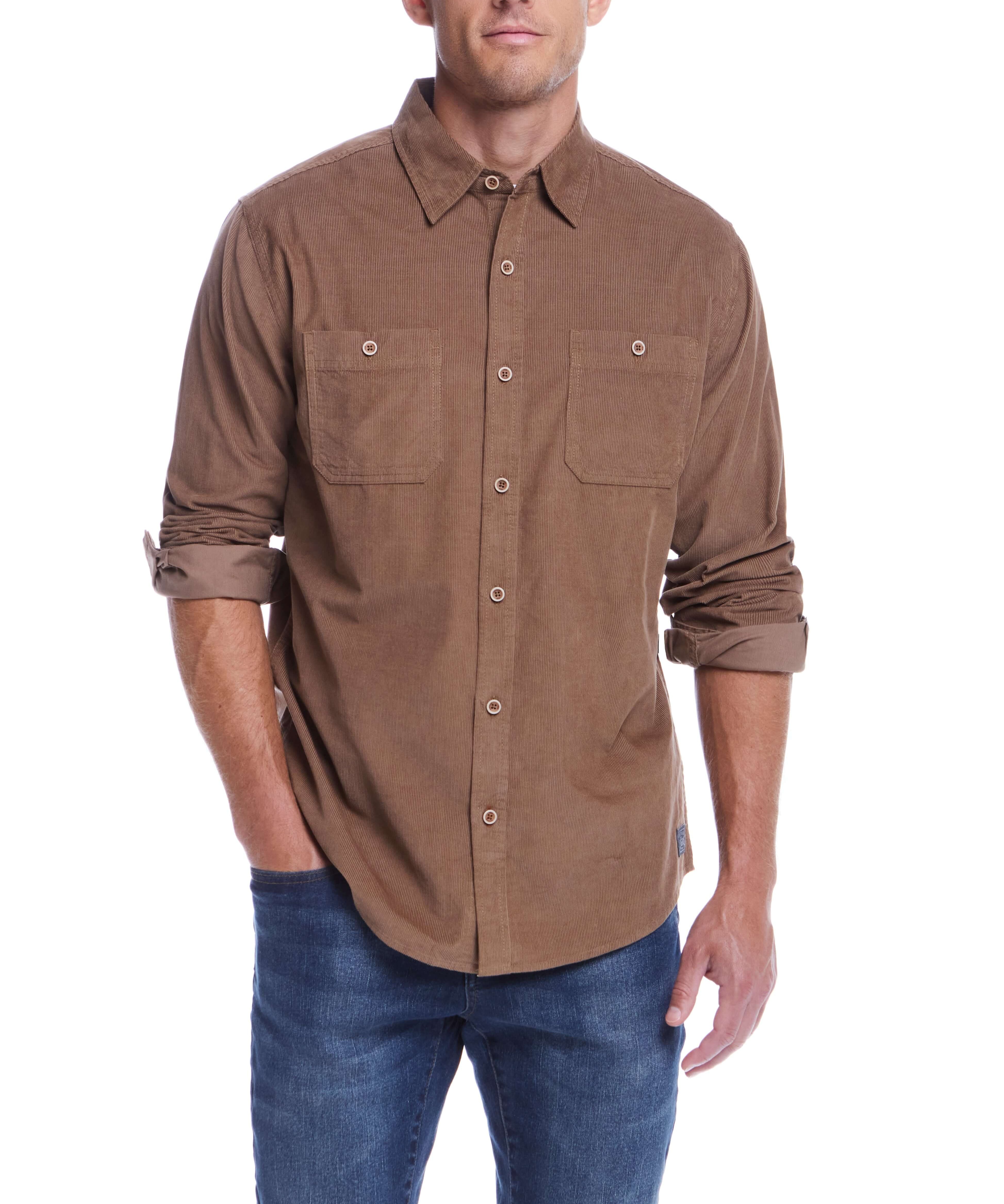 Thin Wale Solid Cord Shirt in Mountain Trail, cozy cotton blend, button down collar, showcased with denim for versatile style.