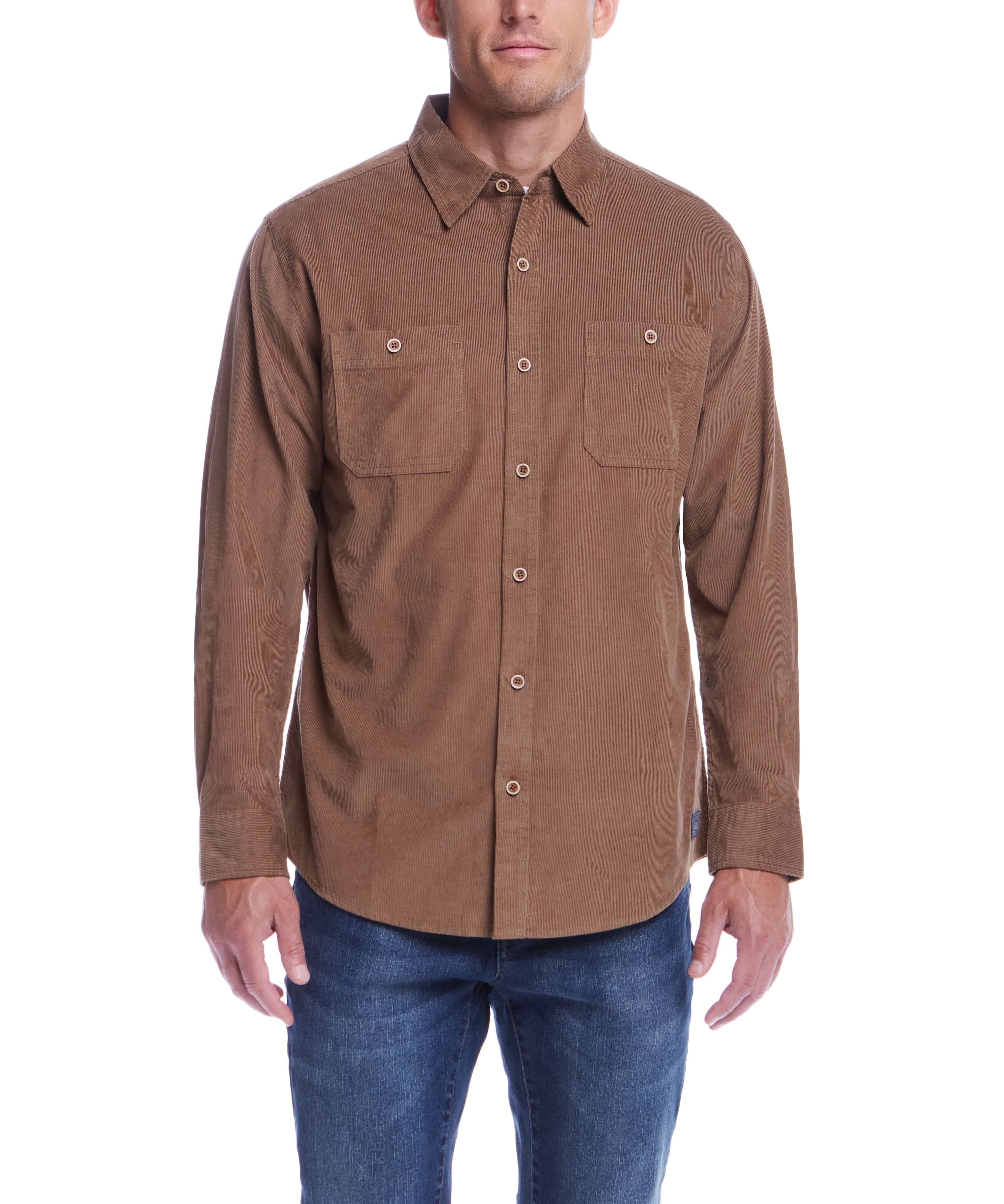 Thin Wale Solid Cord Shirt in Mountain Trail on model, featuring button-down collar and chest pockets. Perfect for casual styling.