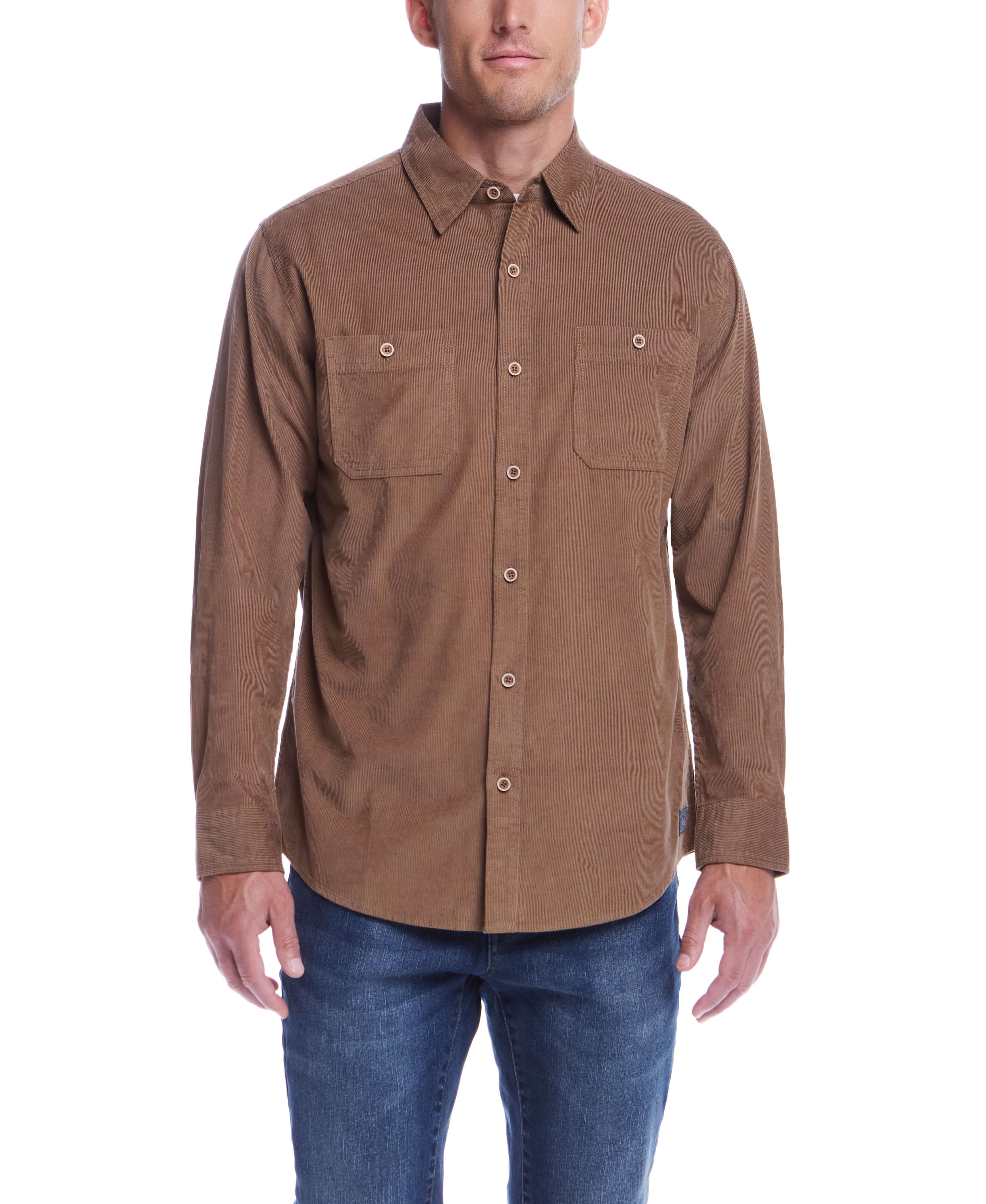 Thin Wale Solid Cord Shirt in Mountain Trail on model, featuring button-down collar and chest pockets. Perfect for casual styling.