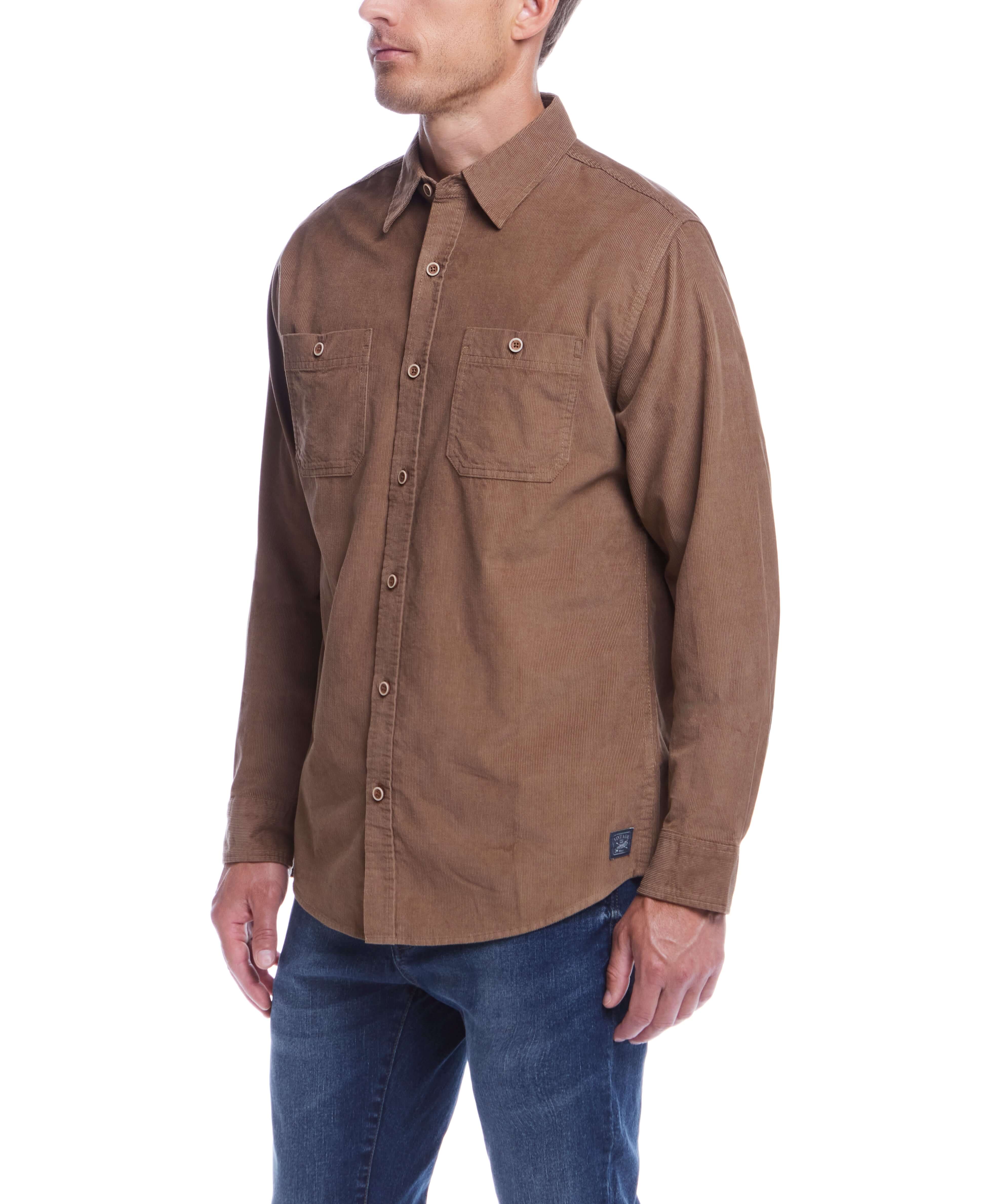Thin Wale Solid Cord Shirt in Mountain Trail, soft corduroy with buttoned chest pockets, perfect for casual styling.