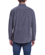Back view of a thin wale solid cord shirt in poppy seed color, featuring long sleeves and a casual fit.