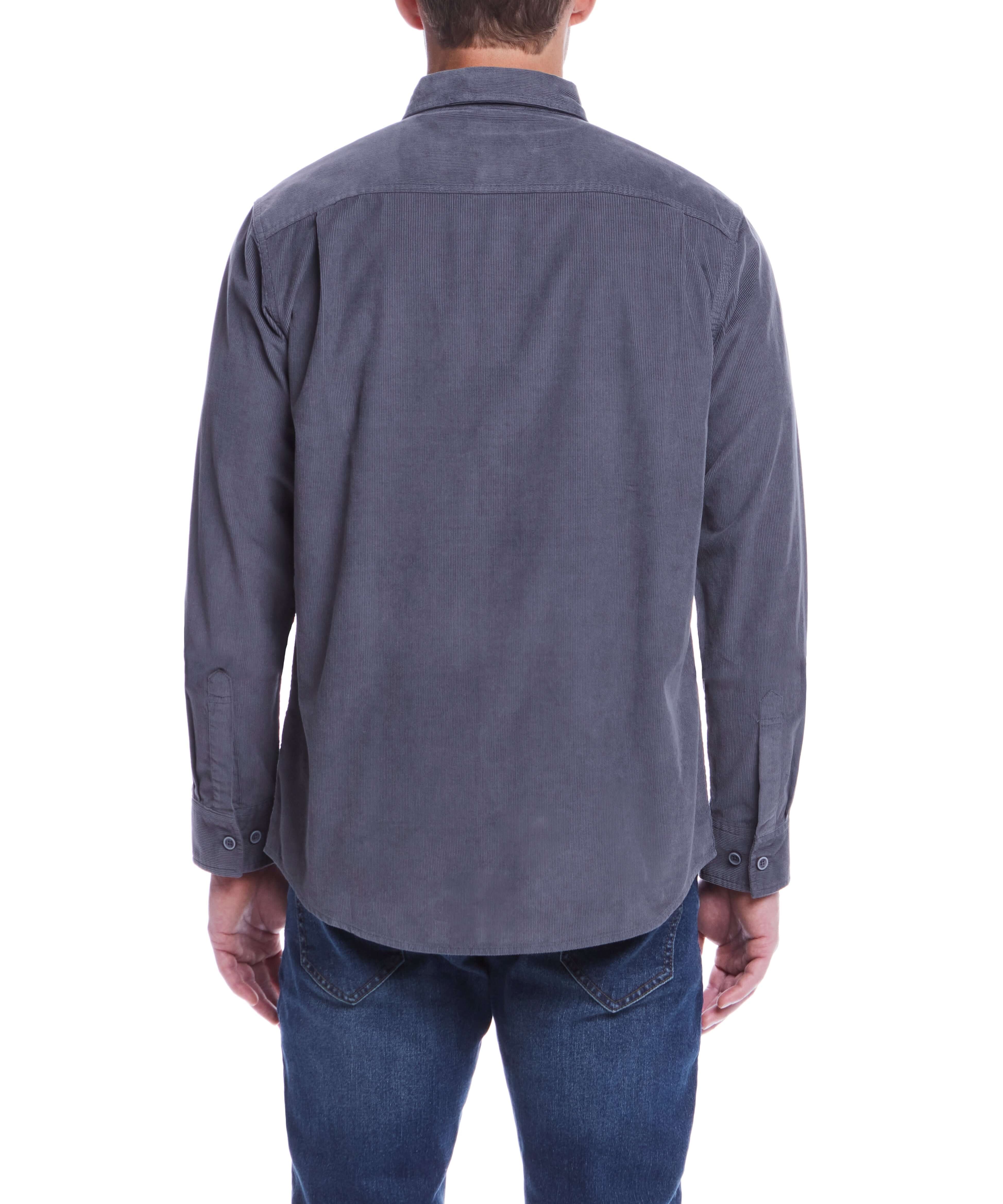 Back view of a thin wale solid cord shirt in poppy seed color, featuring long sleeves and a casual fit.
