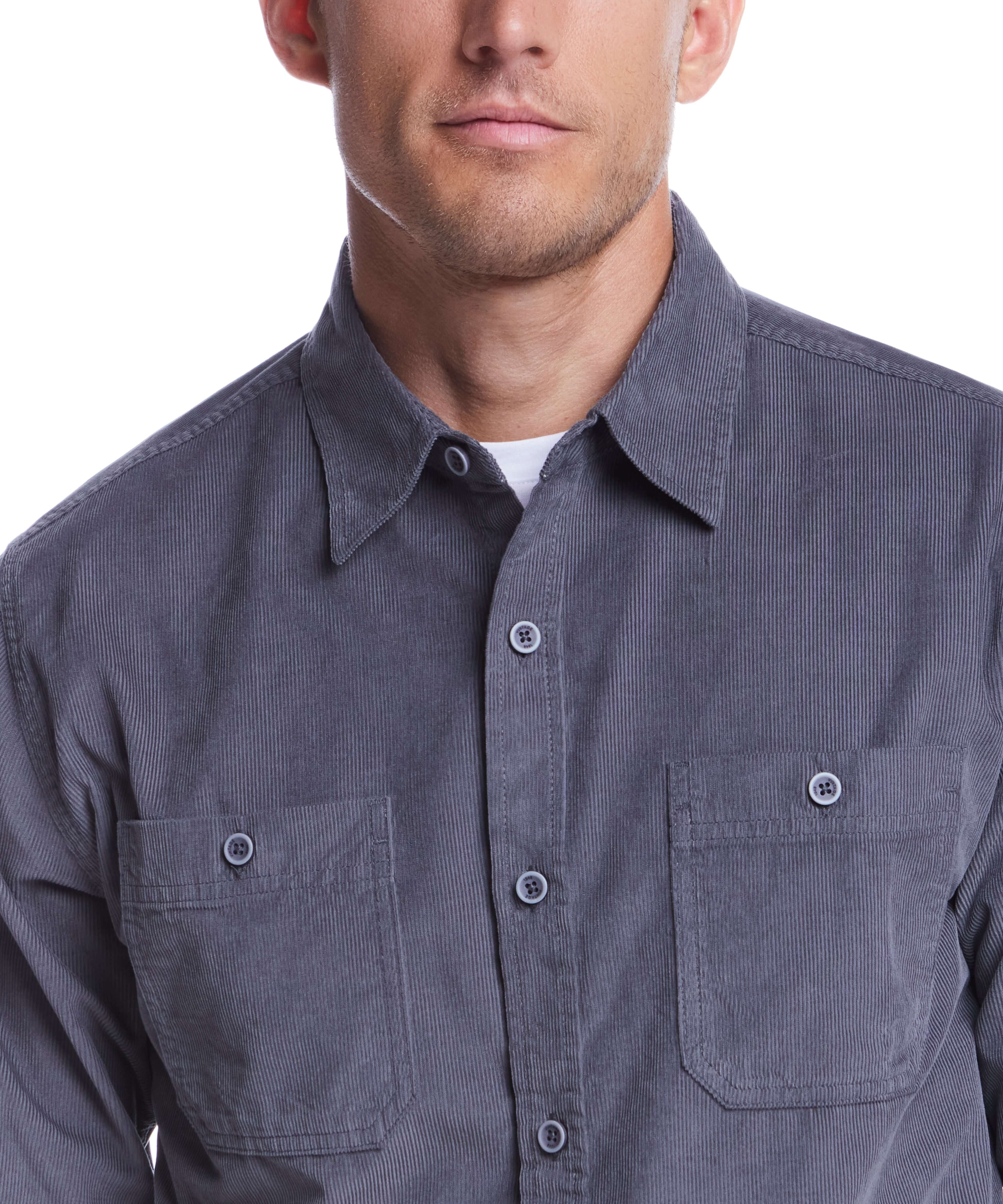 Thin wale solid cord shirt in poppy seed color, featuring a classic button-down collar and two chest pockets.