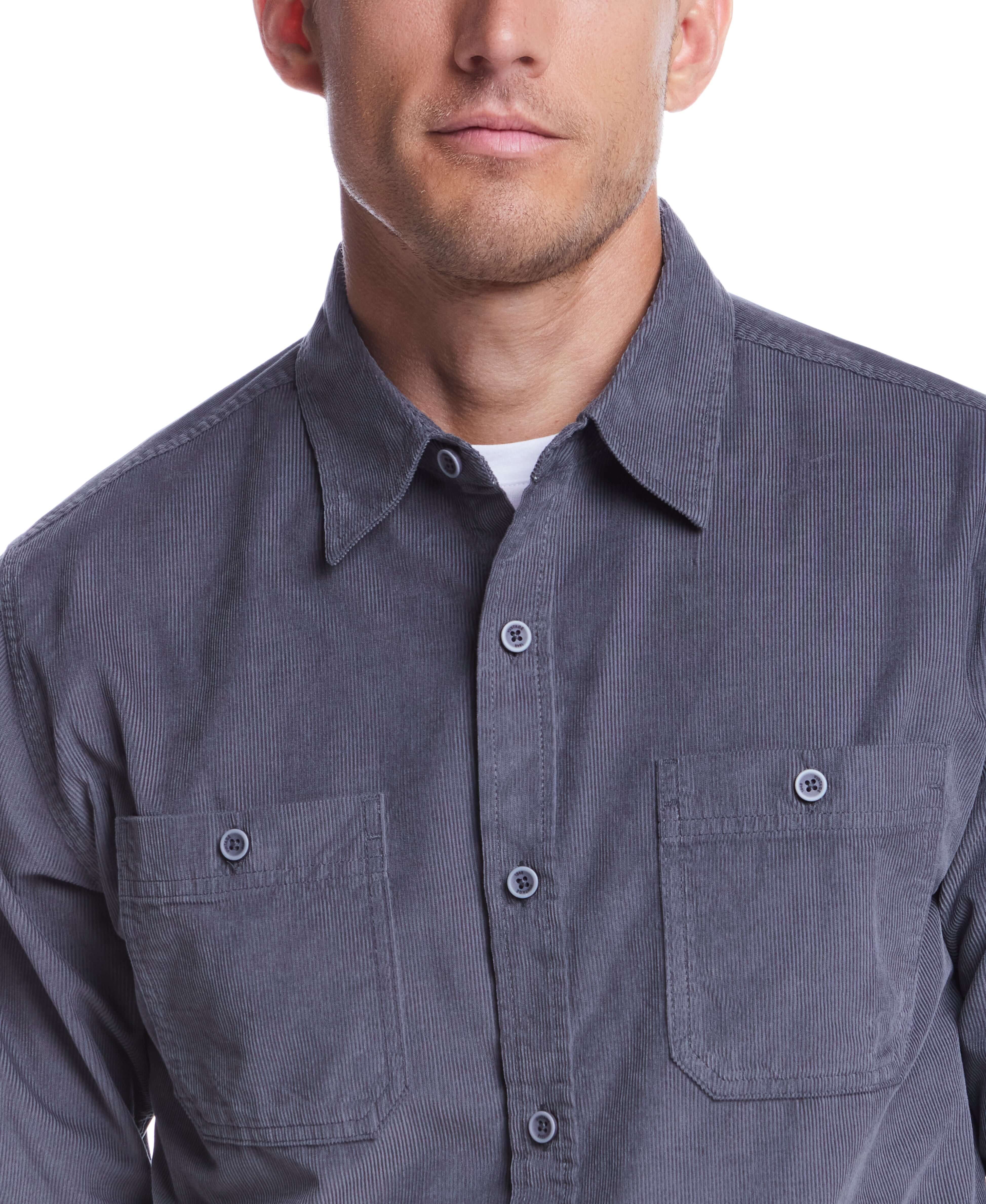 Thin wale solid cord shirt in poppy seed color, featuring a classic button-down collar and two chest pockets.