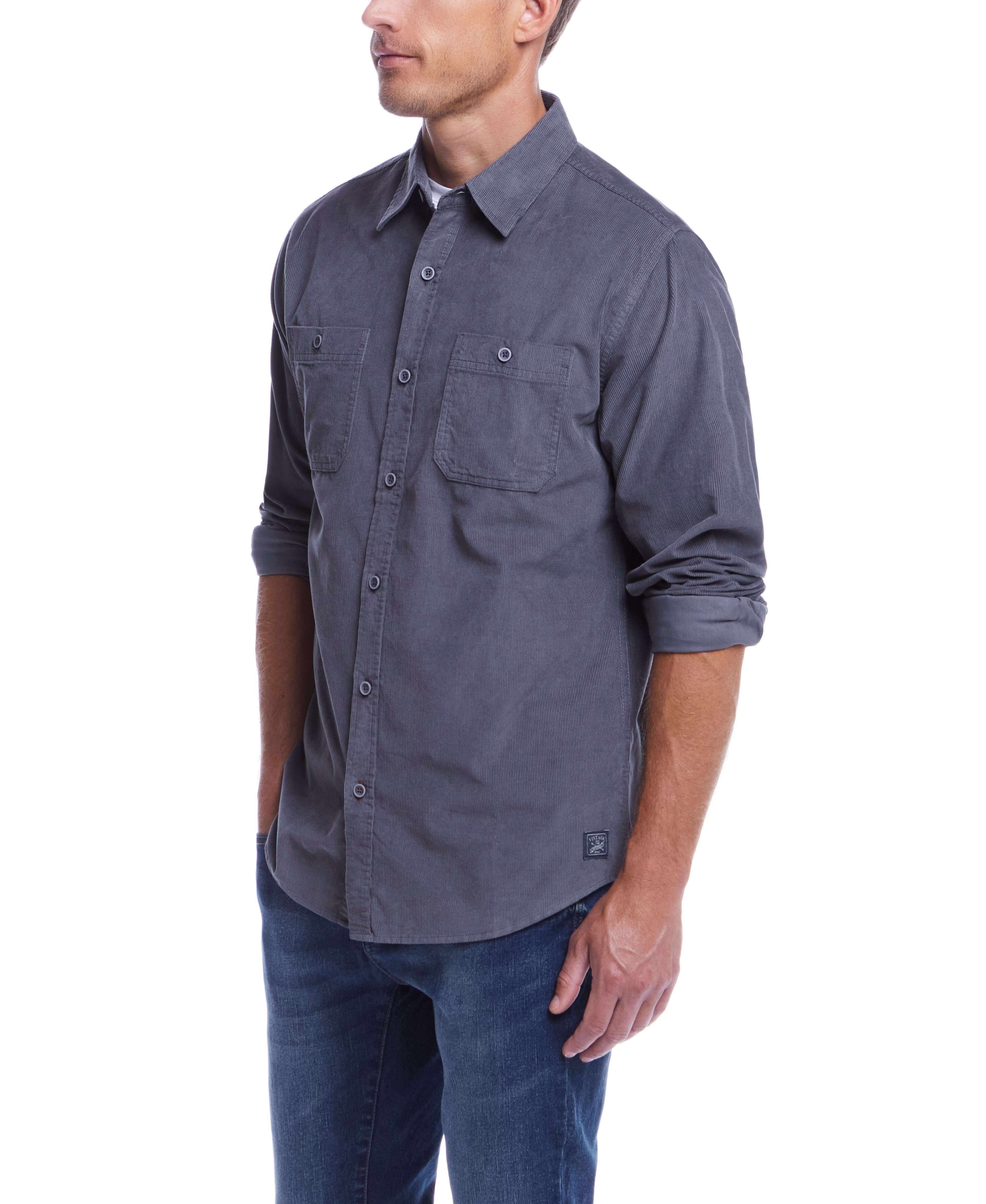 Men's thin wale solid cord shirt in poppy seed, featuring button closures and two chest pockets, perfect for casual wear.