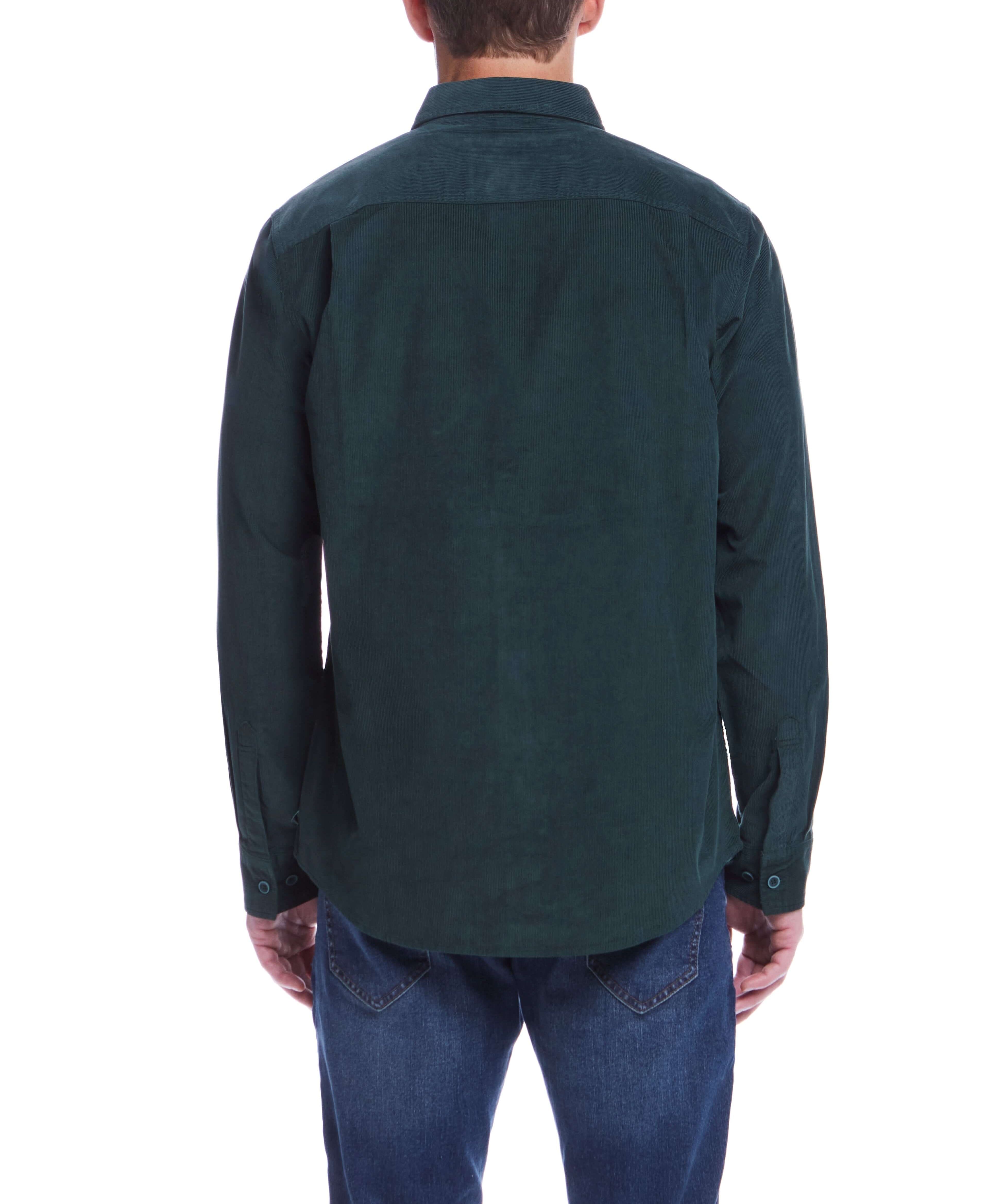 Back view of a man wearing a Thin Wale Solid Cord Shirt in Scarab, showcasing the soft, stretchy corduroy fabric.