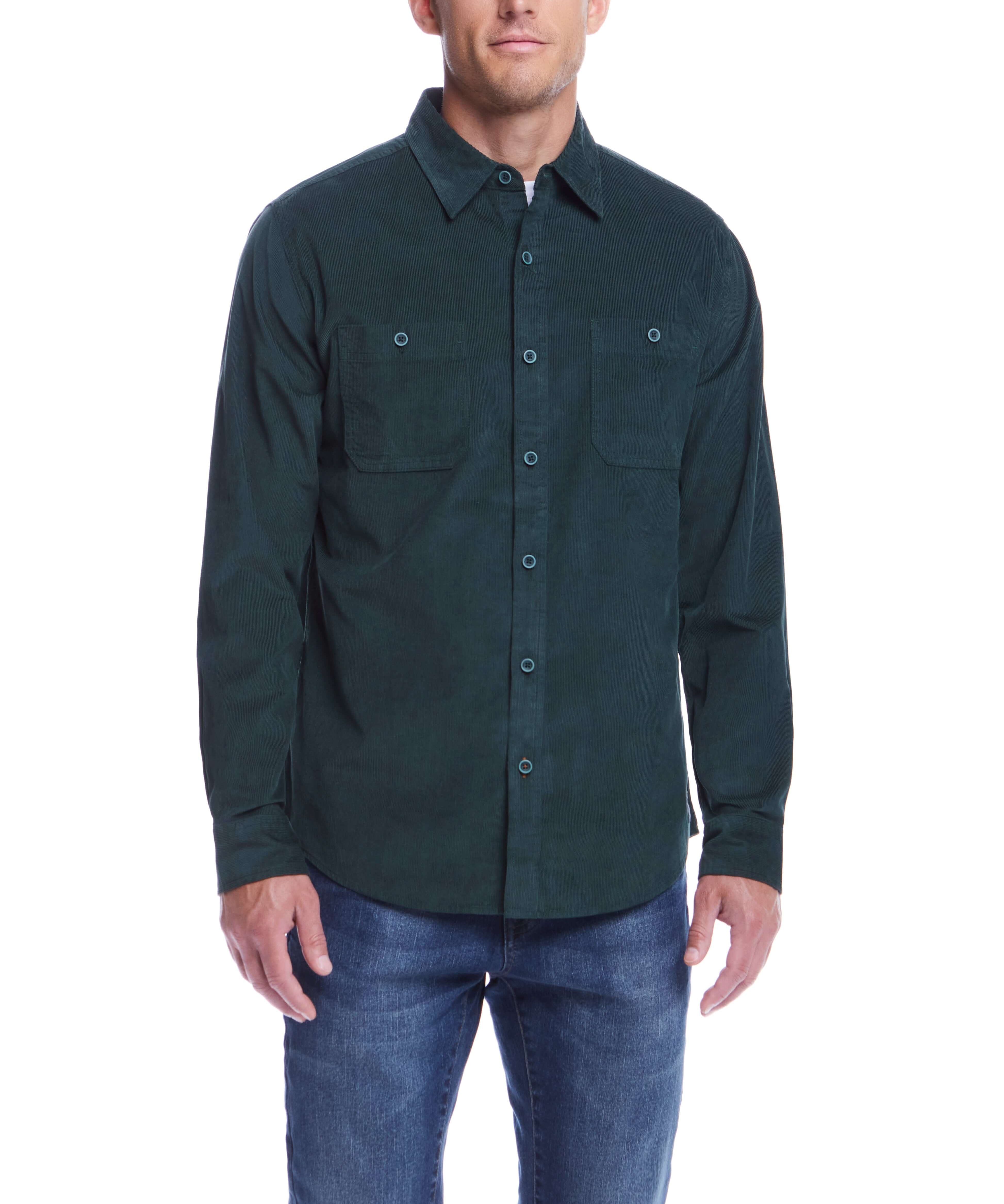 Thin Wale Solid Cord Shirt in Scarab, soft corduroy, button down collar, styled with denim, comfortable and polished look.