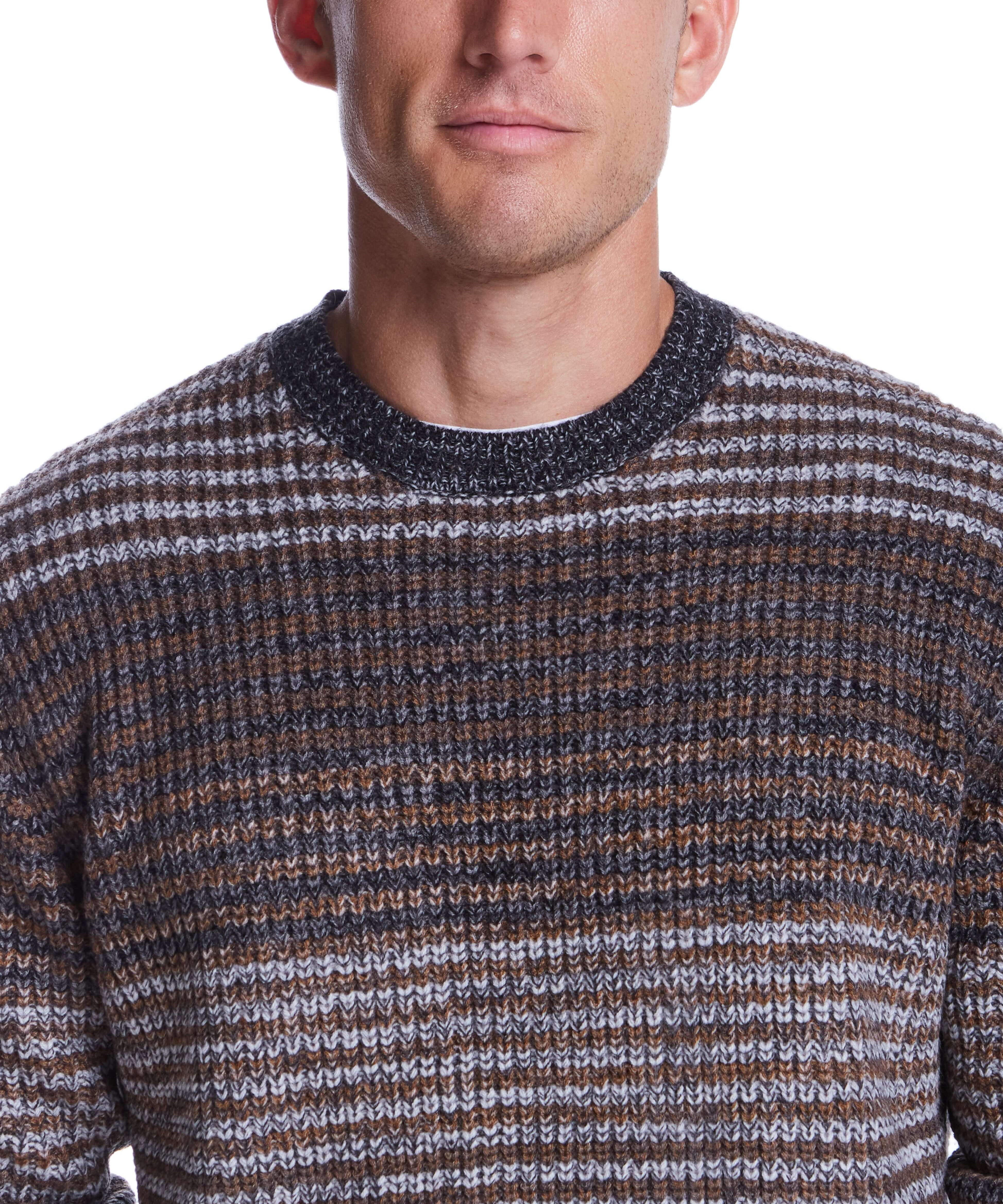 Tonal stripe crew sweater in natural mix, 100% acrylic, model wearing medium size, ideal for cool weather.