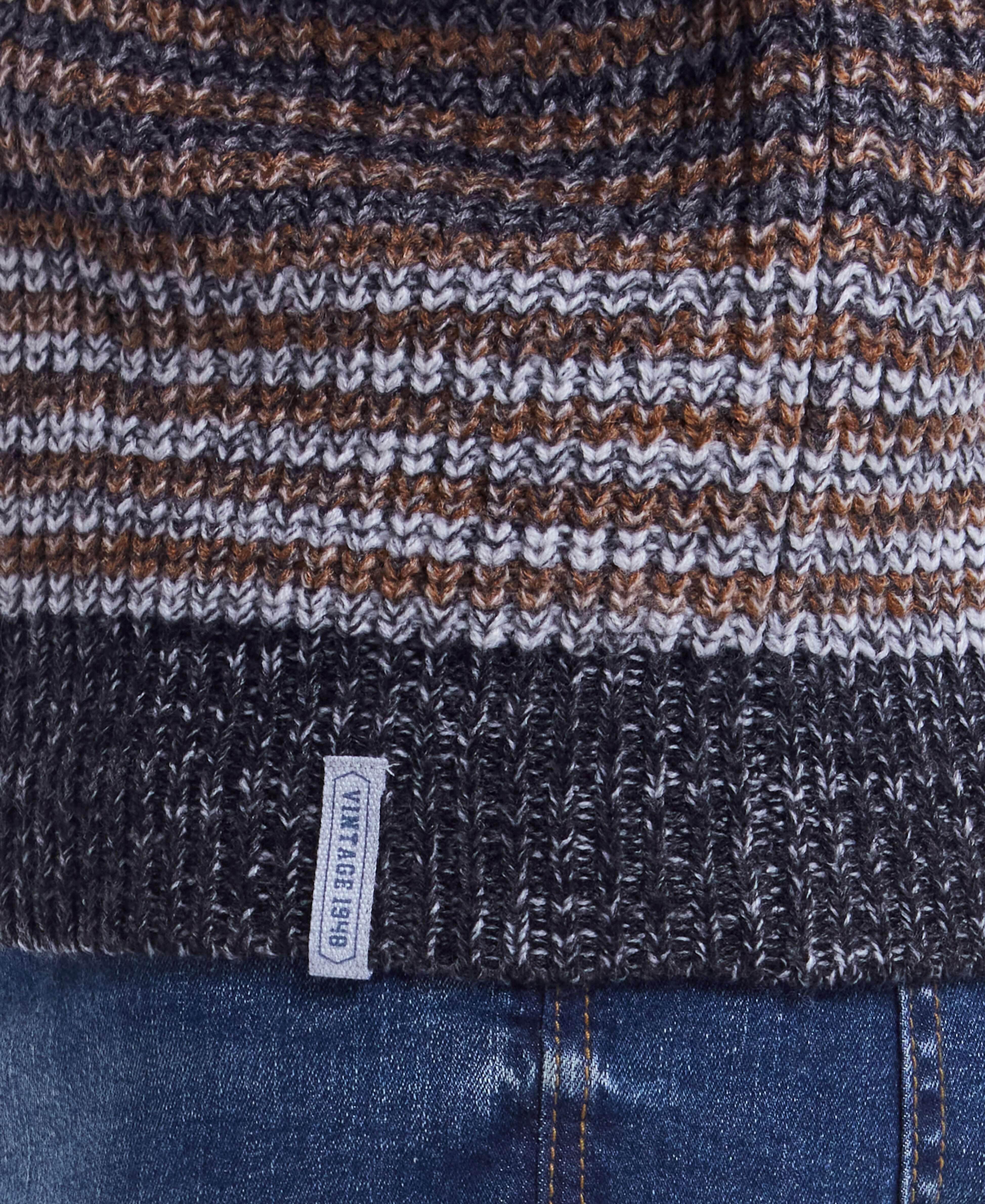 Close-up of Tonal Stripe Crew in natural mix, showcasing textured knit patterns and fabric details.