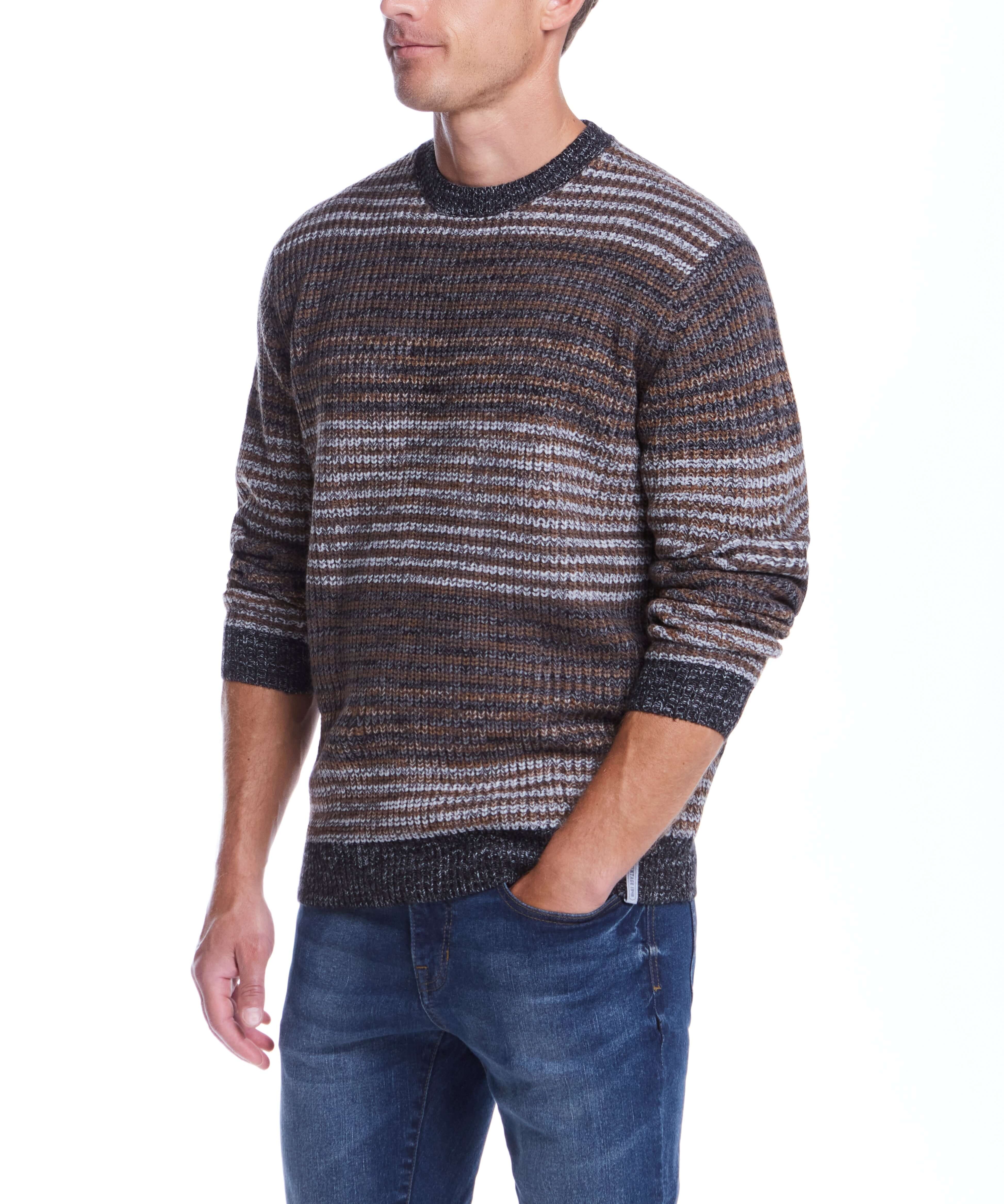 Men's tonal stripe crew sweater in natural mix colors, 100% acrylic, model at 6'1" wearing size Medium.