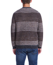 Tonal Stripe Crew in Natural Mix, back view. Model is 6'1" wearing size Medium, 100% Acrylic sweater in earth tones.