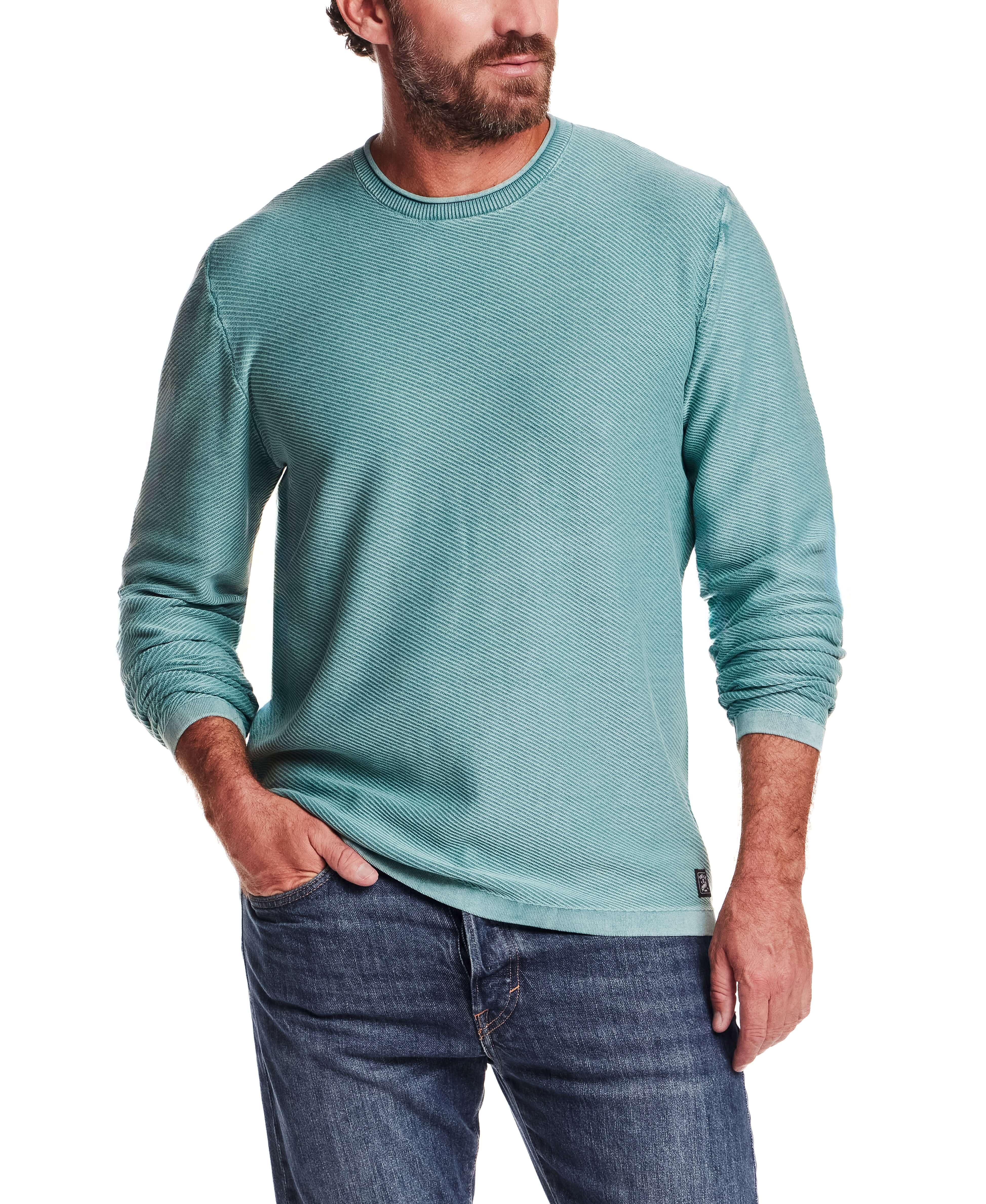 Twill Stonewash Sweater in Adriatic Blue, showcasing a classic roll-neck shape with textured twill knit detail.