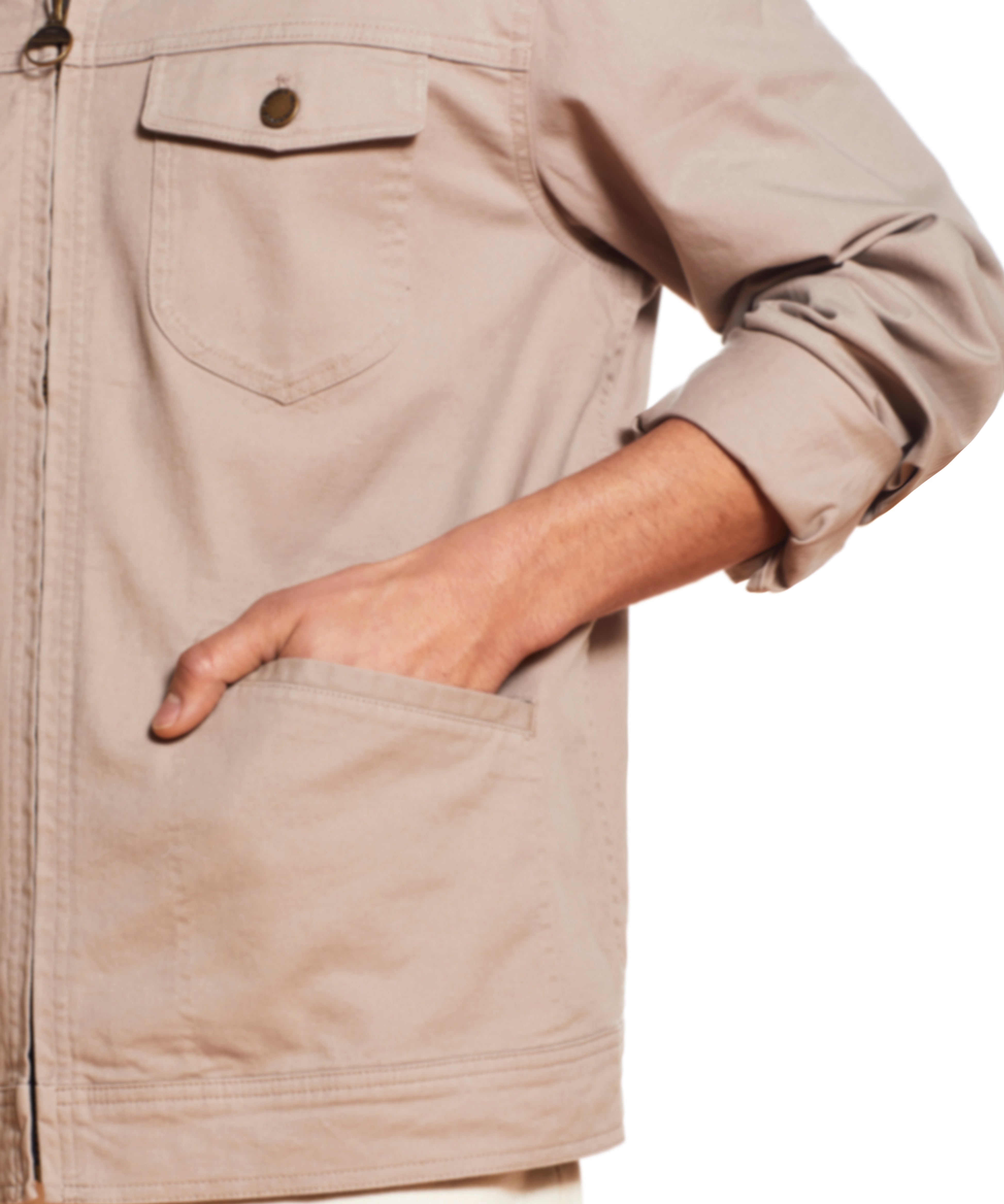 Twill Trucker In Vintage Khaki showing the front buttoned patch pocket and slanted side welt pockets.