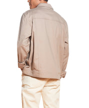 Back view of a man wearing a Twill Trucker In Vintage Khaki, showcasing the comfortable and stylish design.