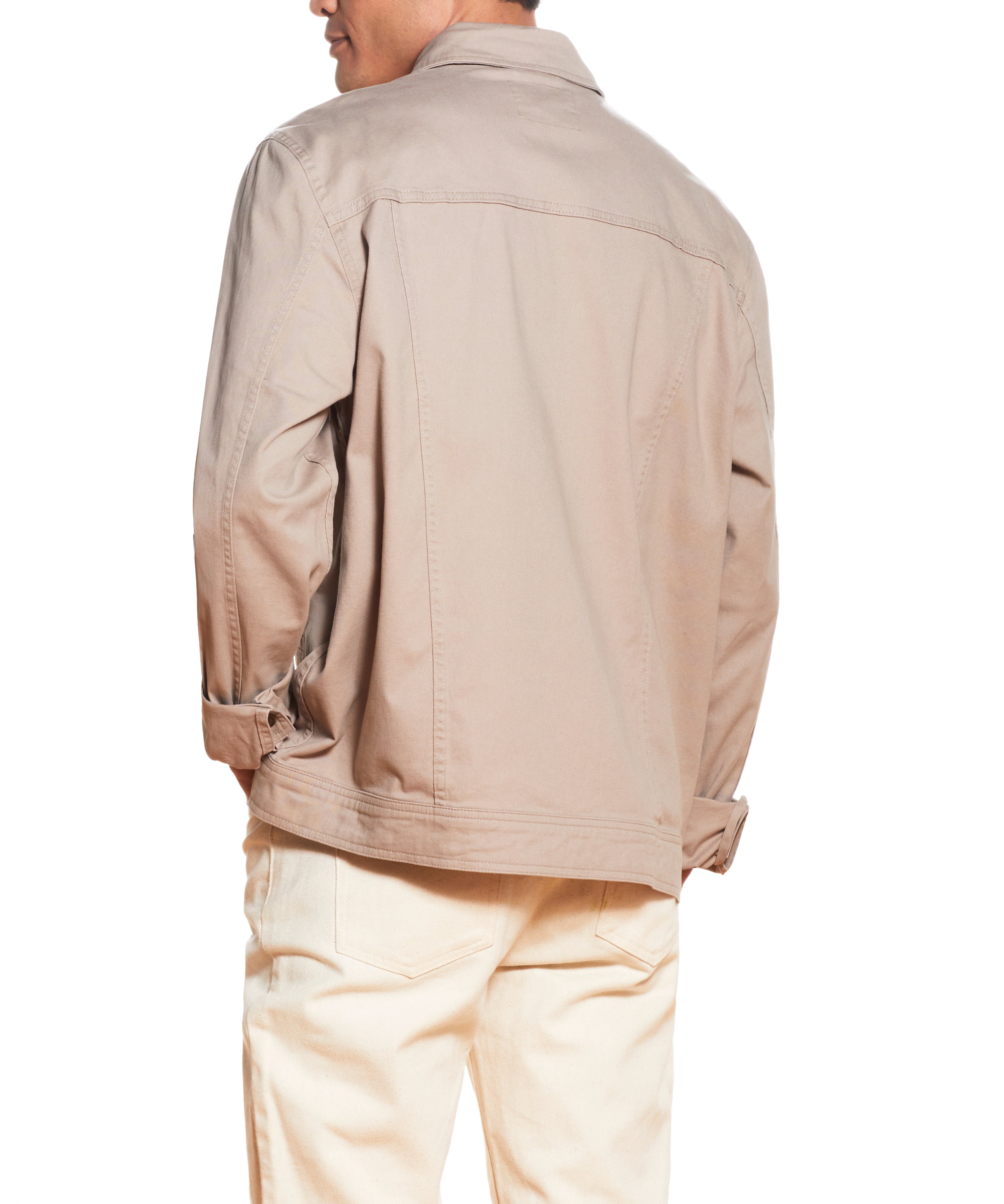 Back view of a man wearing a Twill Trucker In Vintage Khaki, showcasing the comfortable and stylish design.