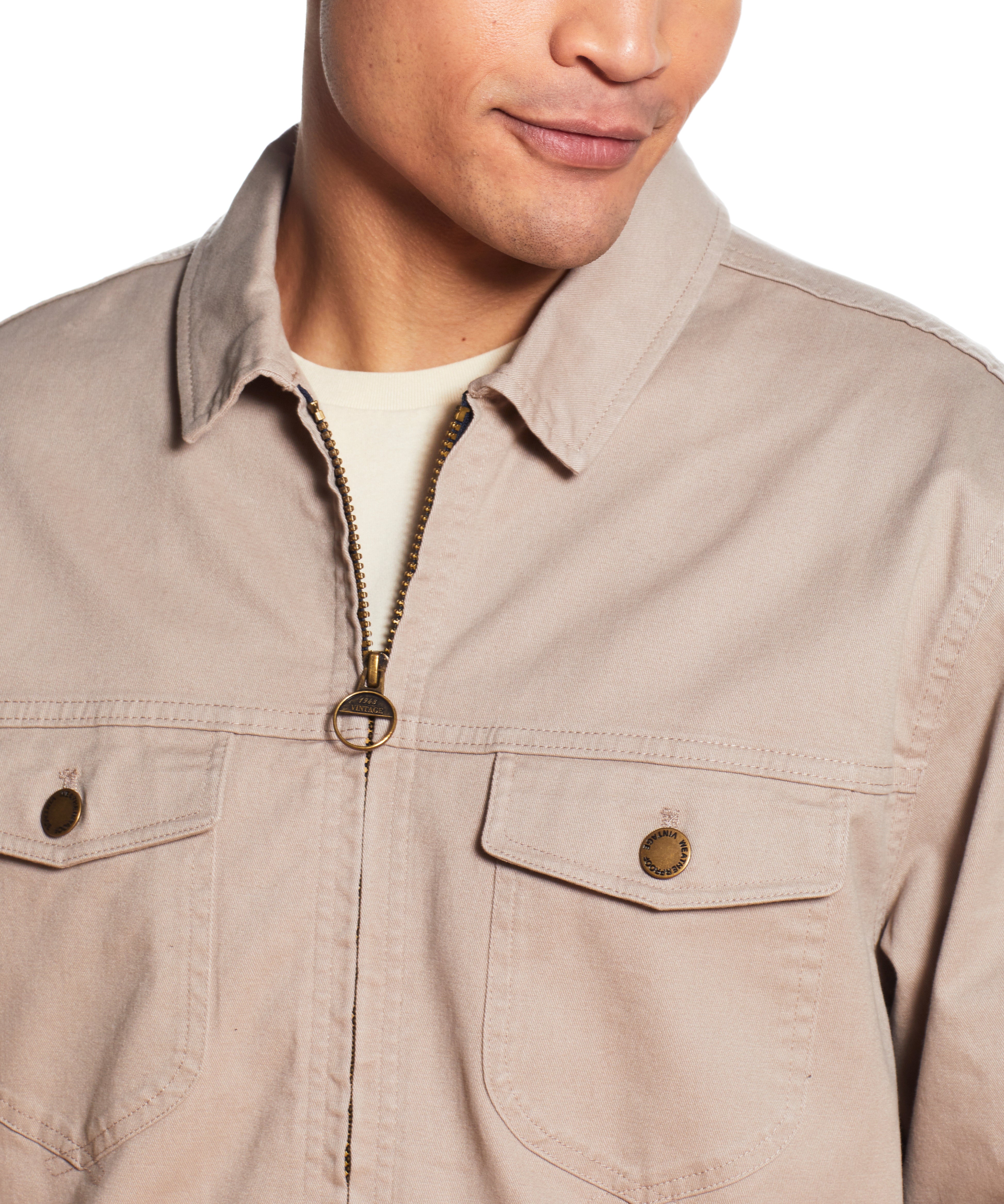 Twill Trucker In Vintage Khaki, showing front view with patch pockets and a comfortable fit.