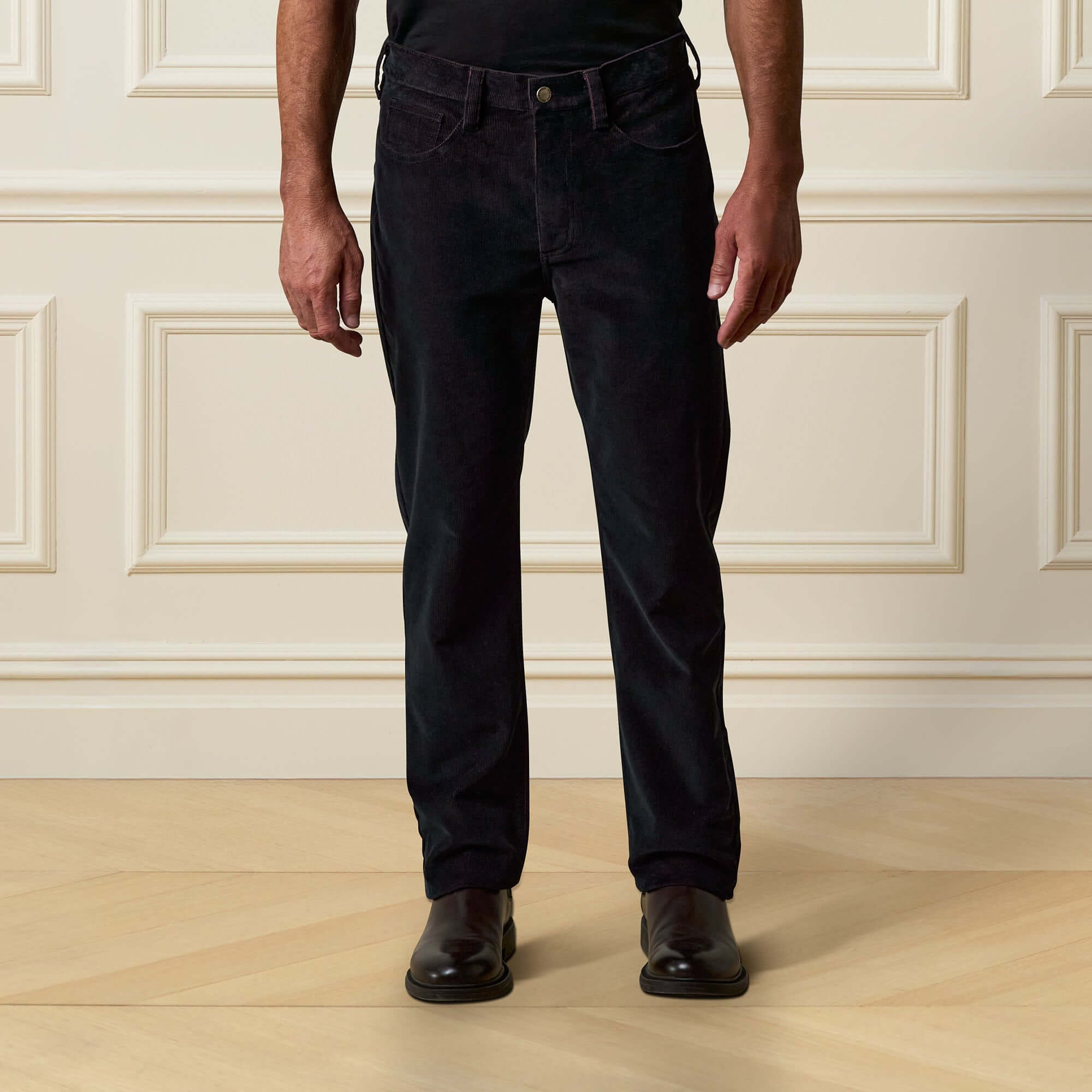 Two-Tone Cord 5 Pocket Pants in Black on display, showcasing front view with five-pocket design and soft texture.