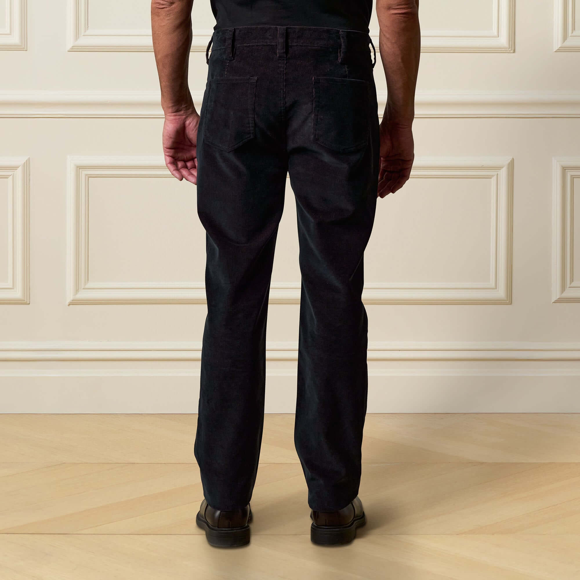 Two-Tone Cord 5 Pocket Pants in Black - Back view showcasing the soft cotton-blend corduroy fabric.
