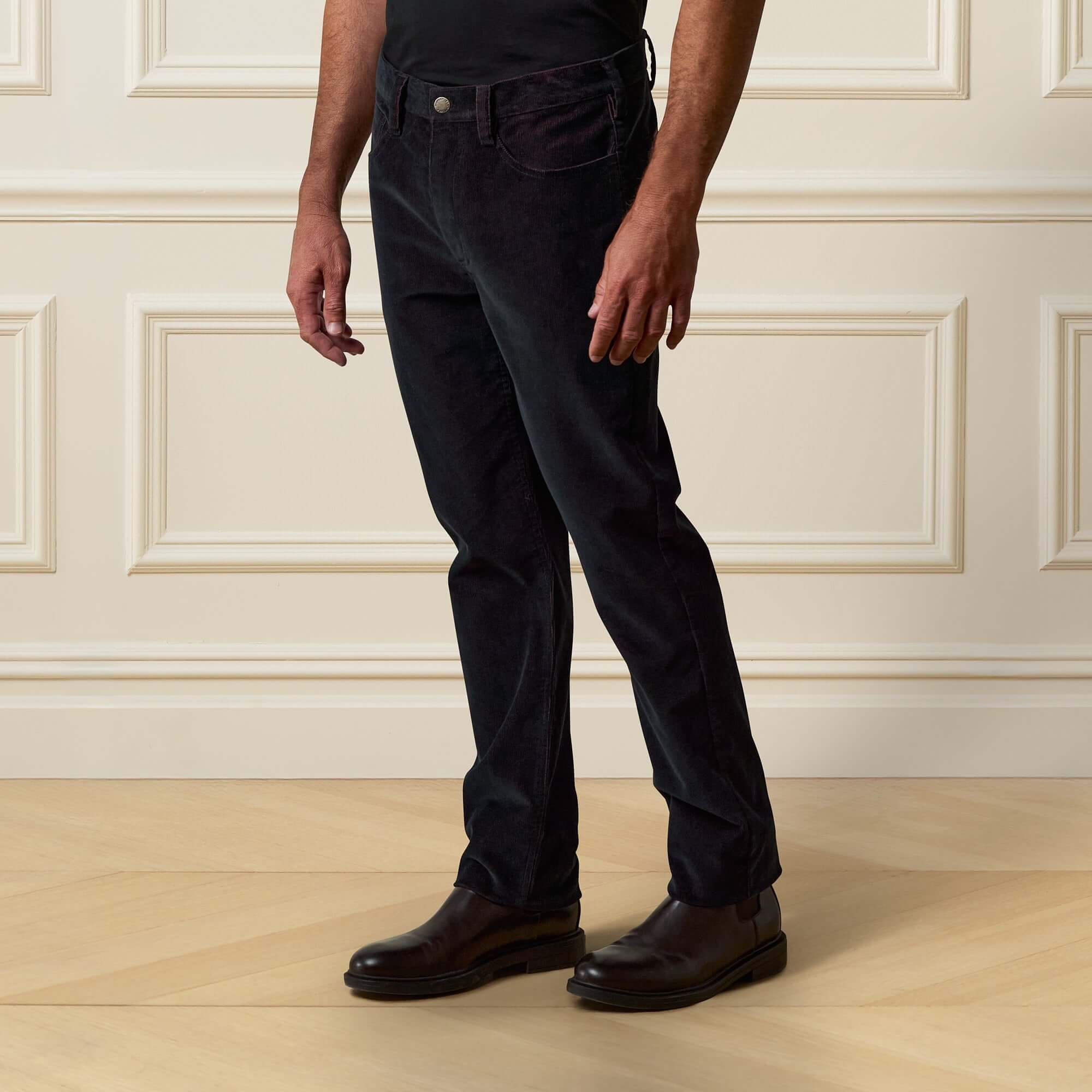 Two-Tone Cord 5 Pocket Pants in Black, featuring a soft cotton-blend corduroy and modern five-pocket design.
