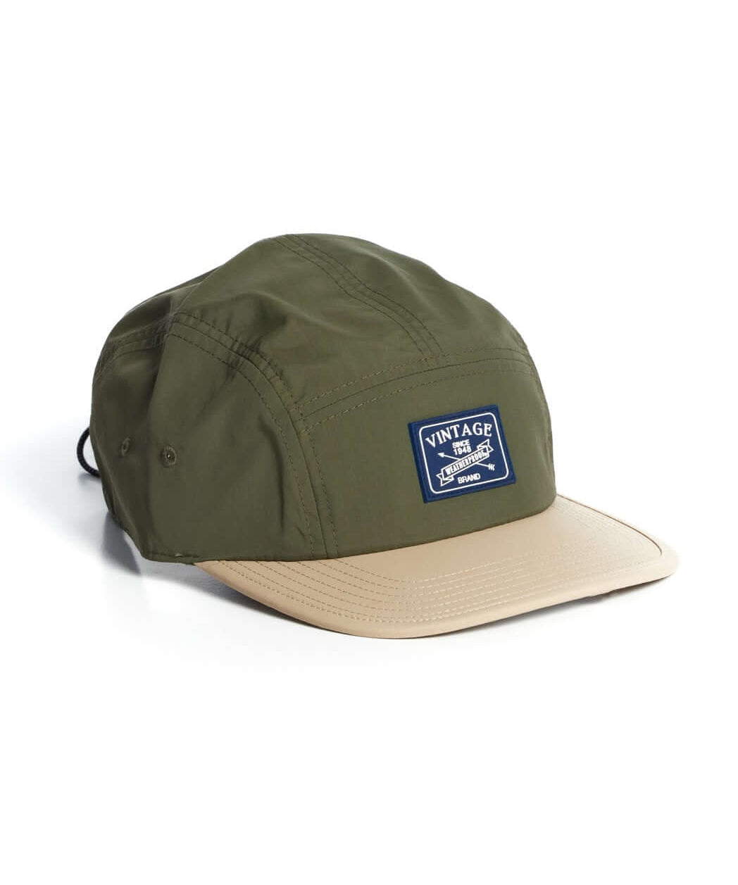 Two-tone vintage jogger cap in khaki with a stylish design and retro logo patch, perfect for casual outdoor wear.