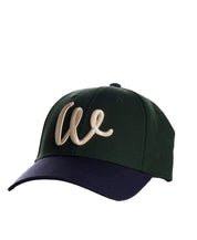 Two Tone Wool Hat in Dark Green and Navy with adjustable strap and stylish embroidery.