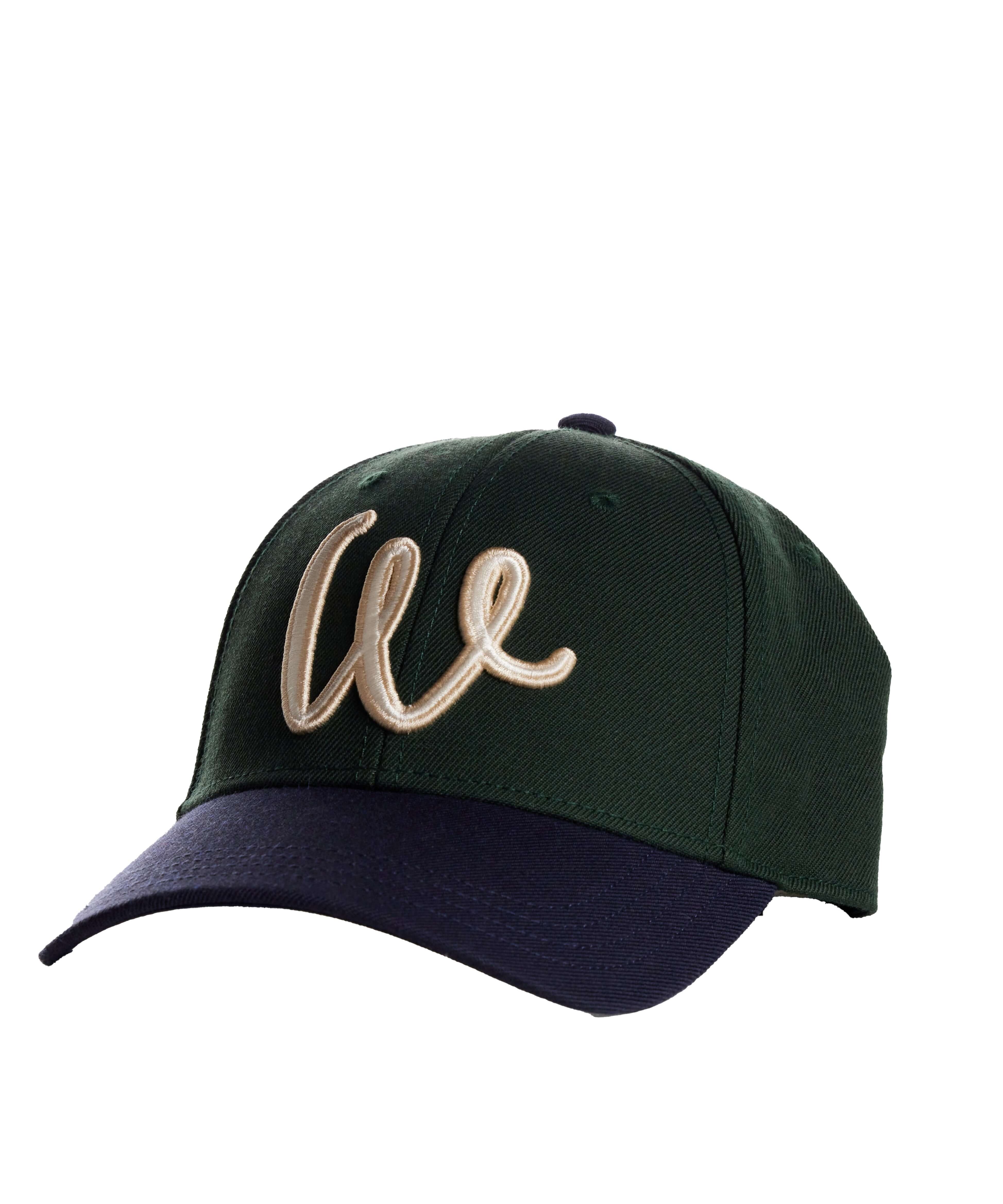 Two Tone Wool Hat in Dark Green and Navy with adjustable strap and stylish embroidery.