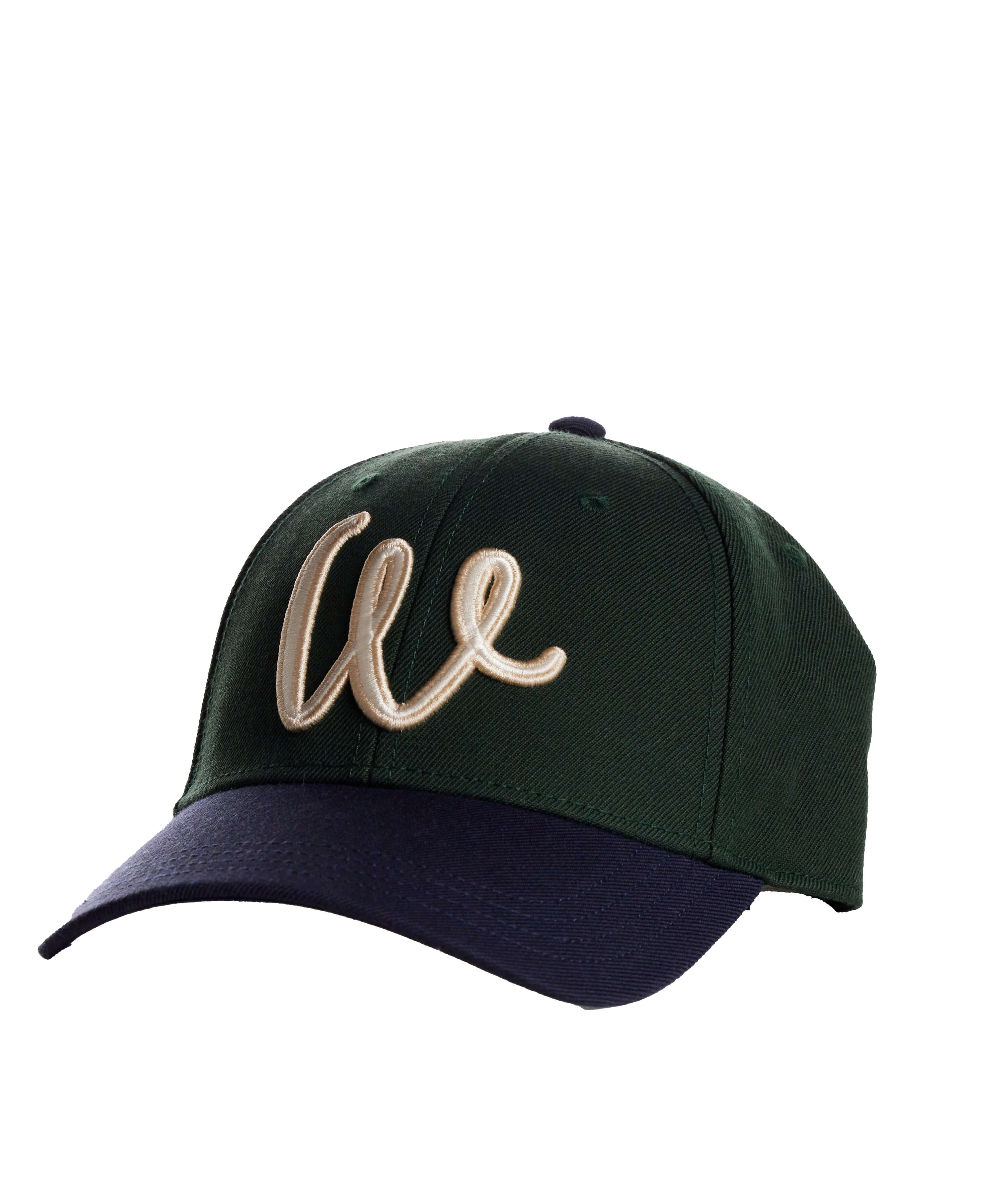 Two Tone Wool Hat in Dark Green and Navy with adjustable strap and stylish embroidery.