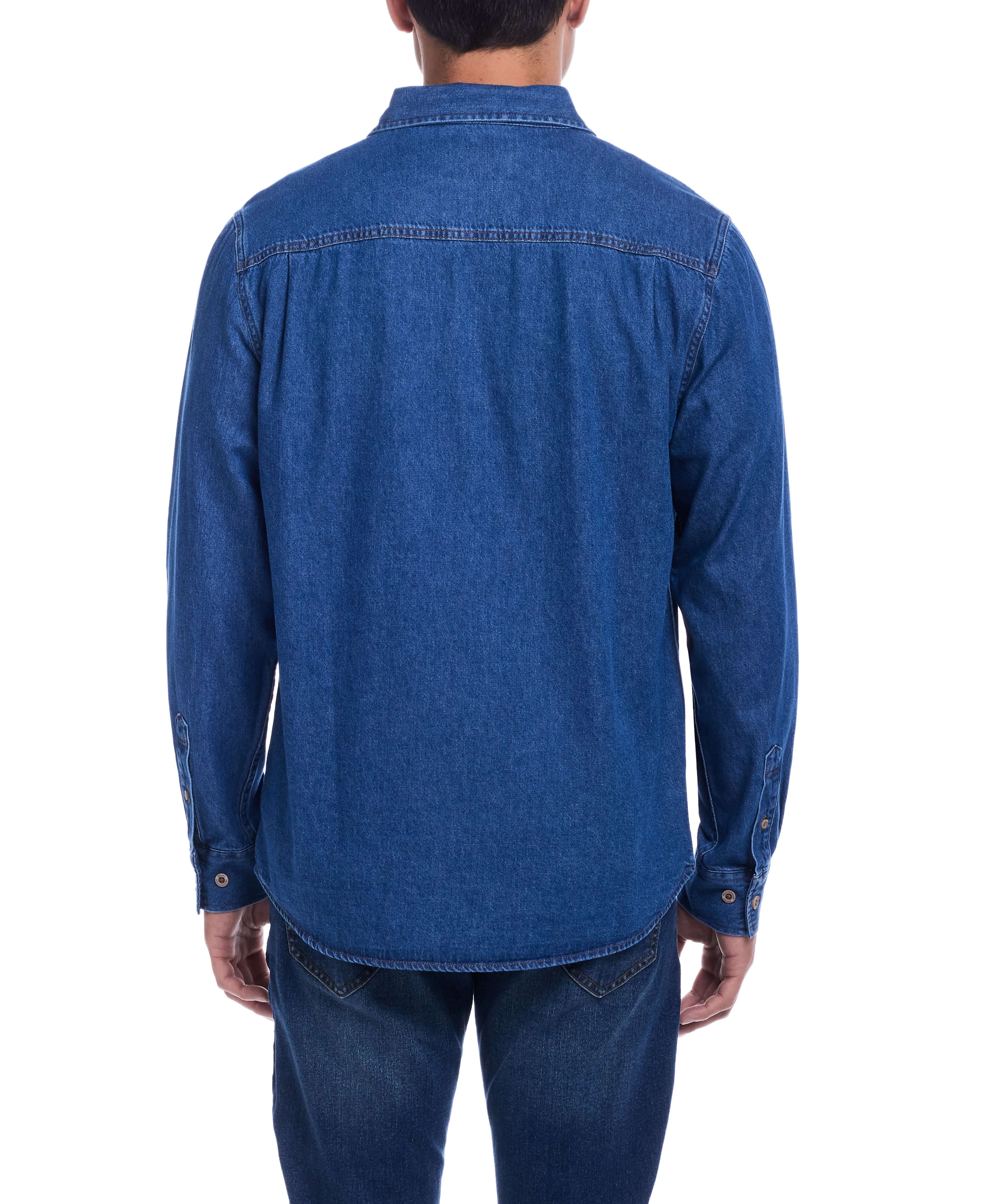 Rear view of unlined Medium Indigo denim overshirt, showcasing its soft fabric and relaxed fit, ideal for layering.