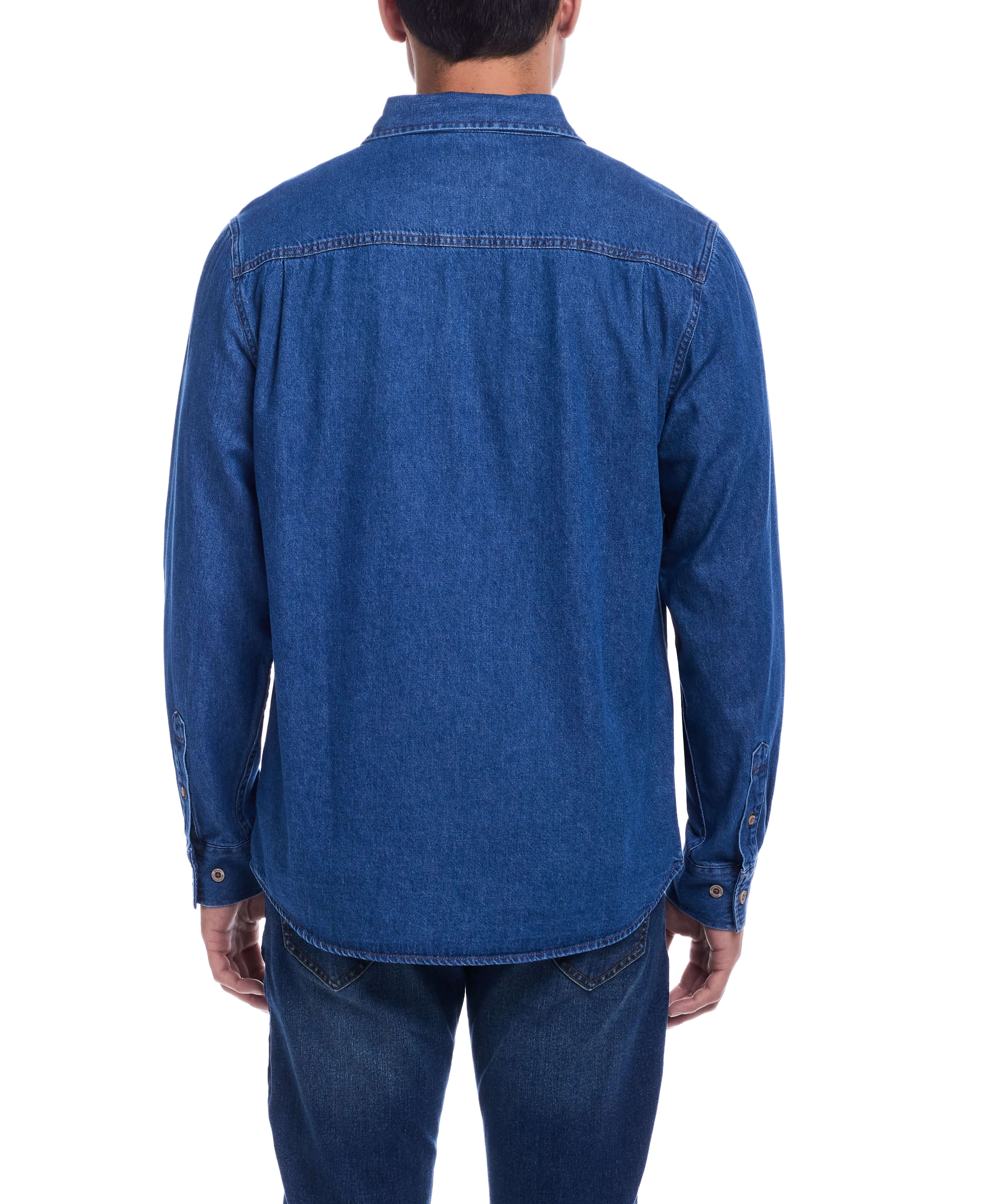 Rear view of unlined Medium Indigo denim overshirt, showcasing its soft fabric and relaxed fit, ideal for layering.
