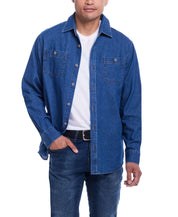 Unlined denim overshirt in medium indigo, featuring a button front and two chest pockets, perfect for layering.