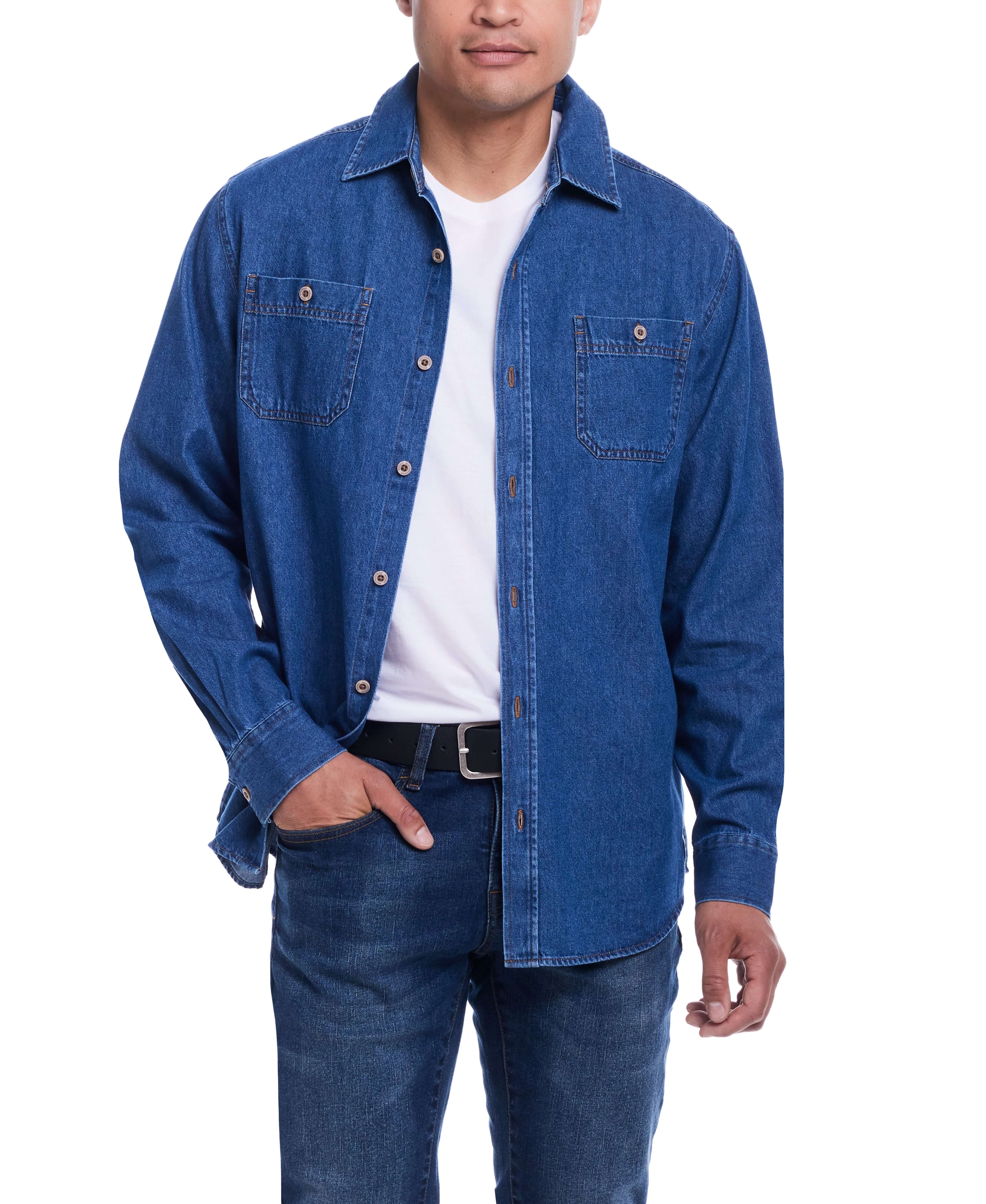 Unlined denim overshirt in medium indigo, featuring a button front and two chest pockets, perfect for layering.