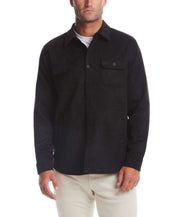 Unlined sueded shirt jacket in black, featuring button front and chest pockets, crafted from soft poly and spandex blend.