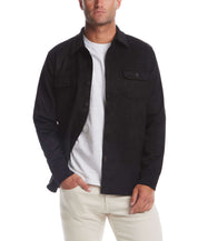 Men's unlined sueded shirt jacket in black, featuring button front and chest pockets, styled with a casual tee.