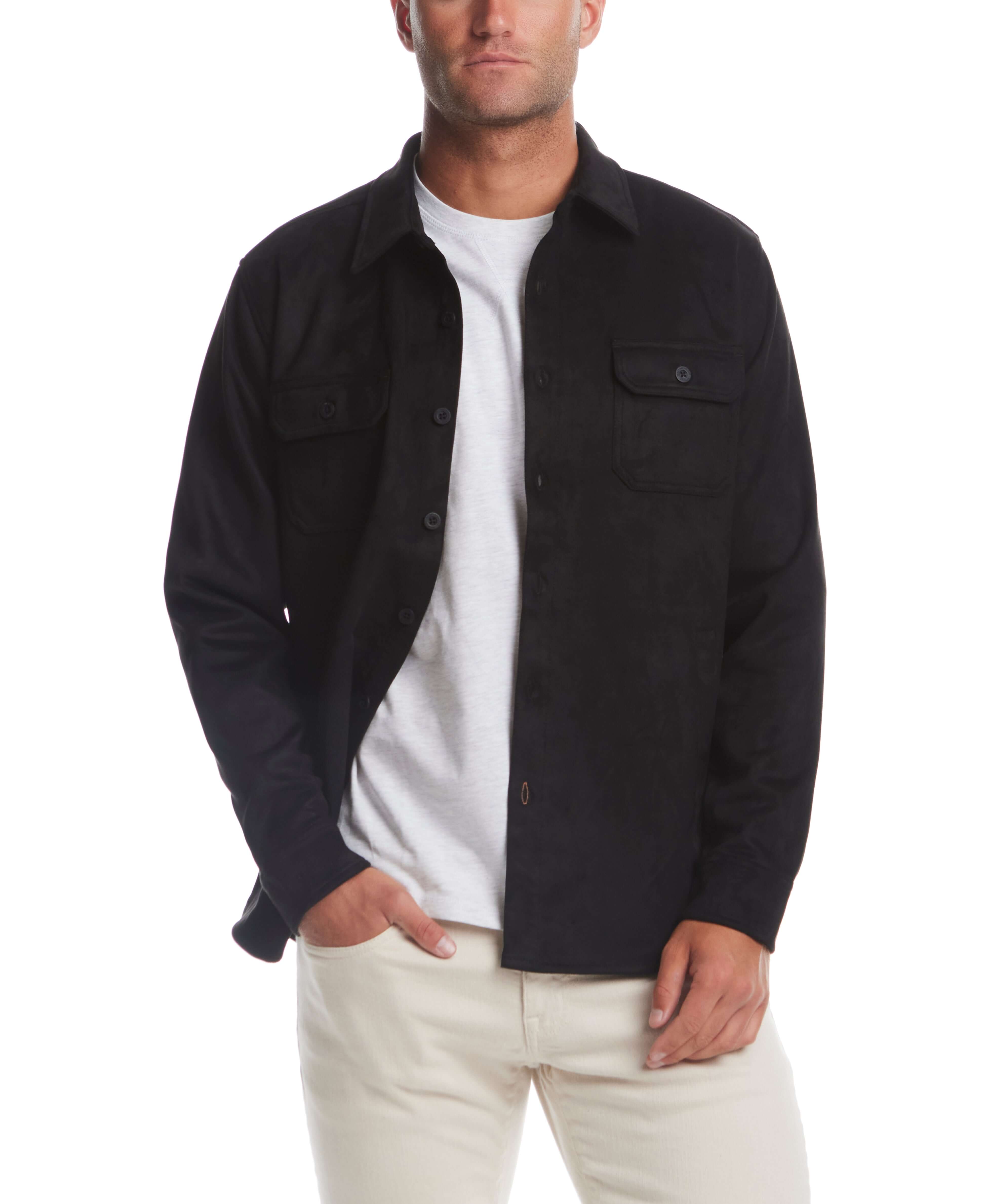 Men's unlined sueded shirt jacket in black, featuring button front and chest pockets, styled with a casual tee.