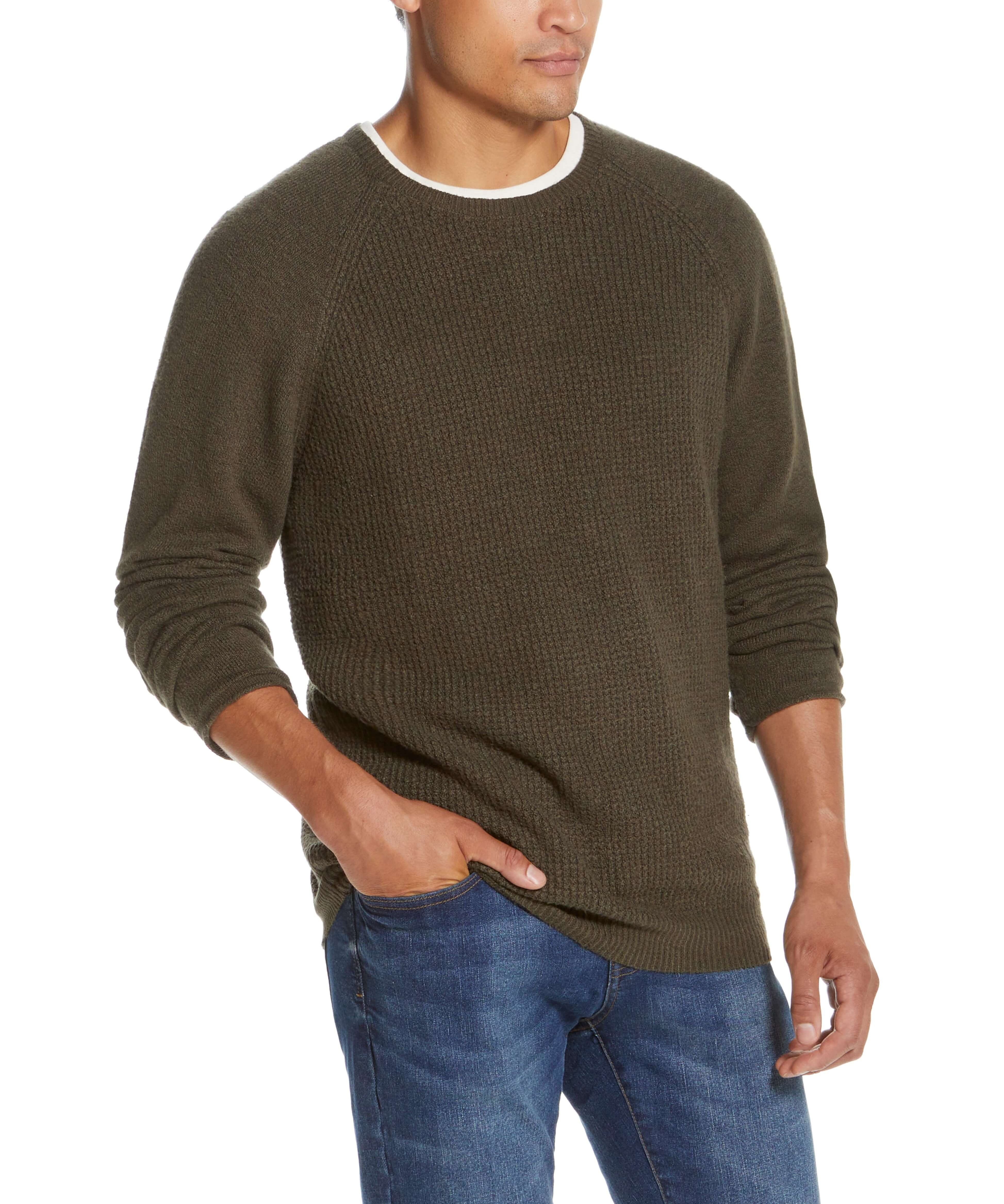 Waffle crewneck sweater in chive, lightweight and super soft, perfect for layering and casual wear.