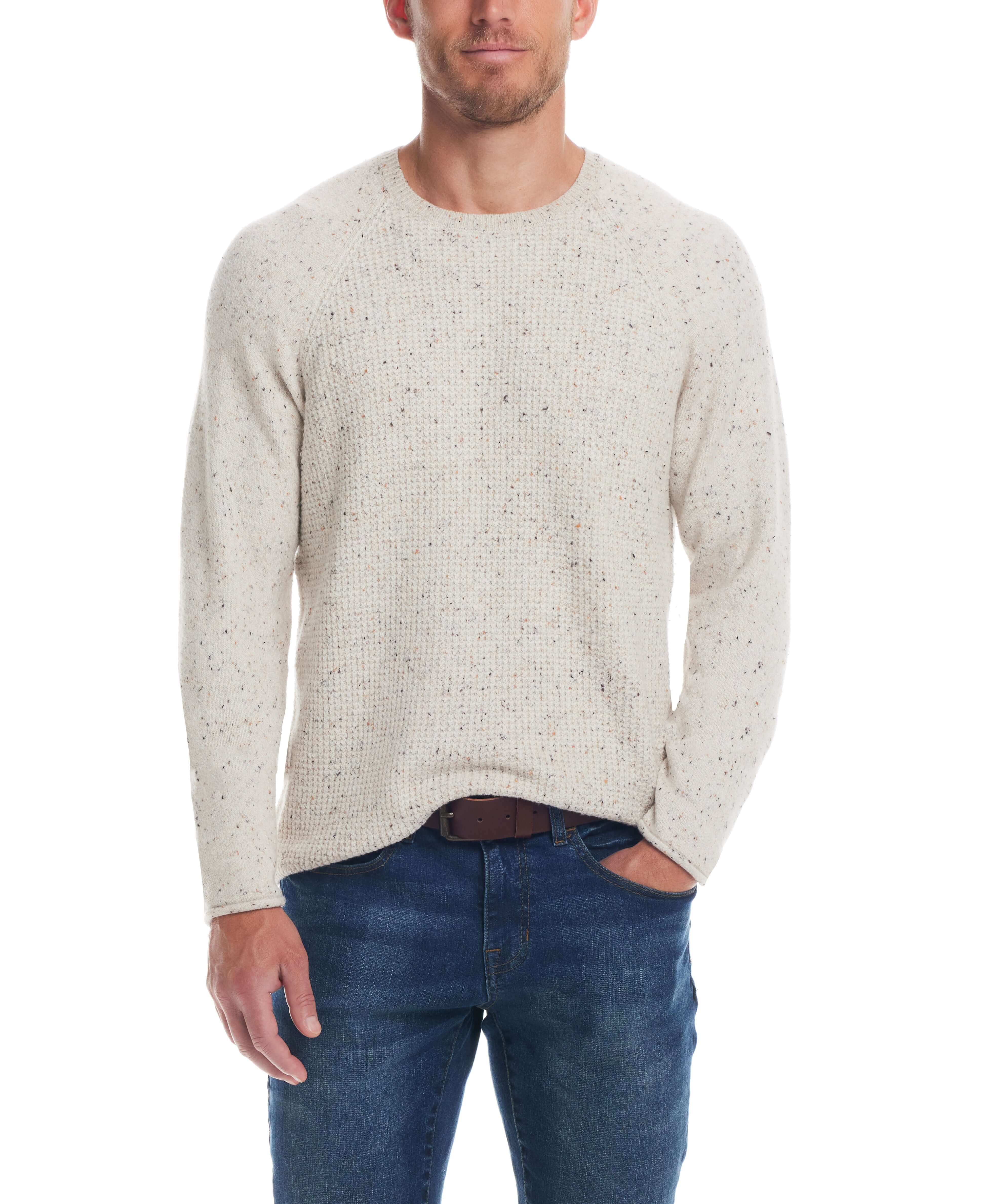 Men's oatmeal waffle crewneck sweater, lightweight and cozy, perfect for layering, made from super soft polyester.