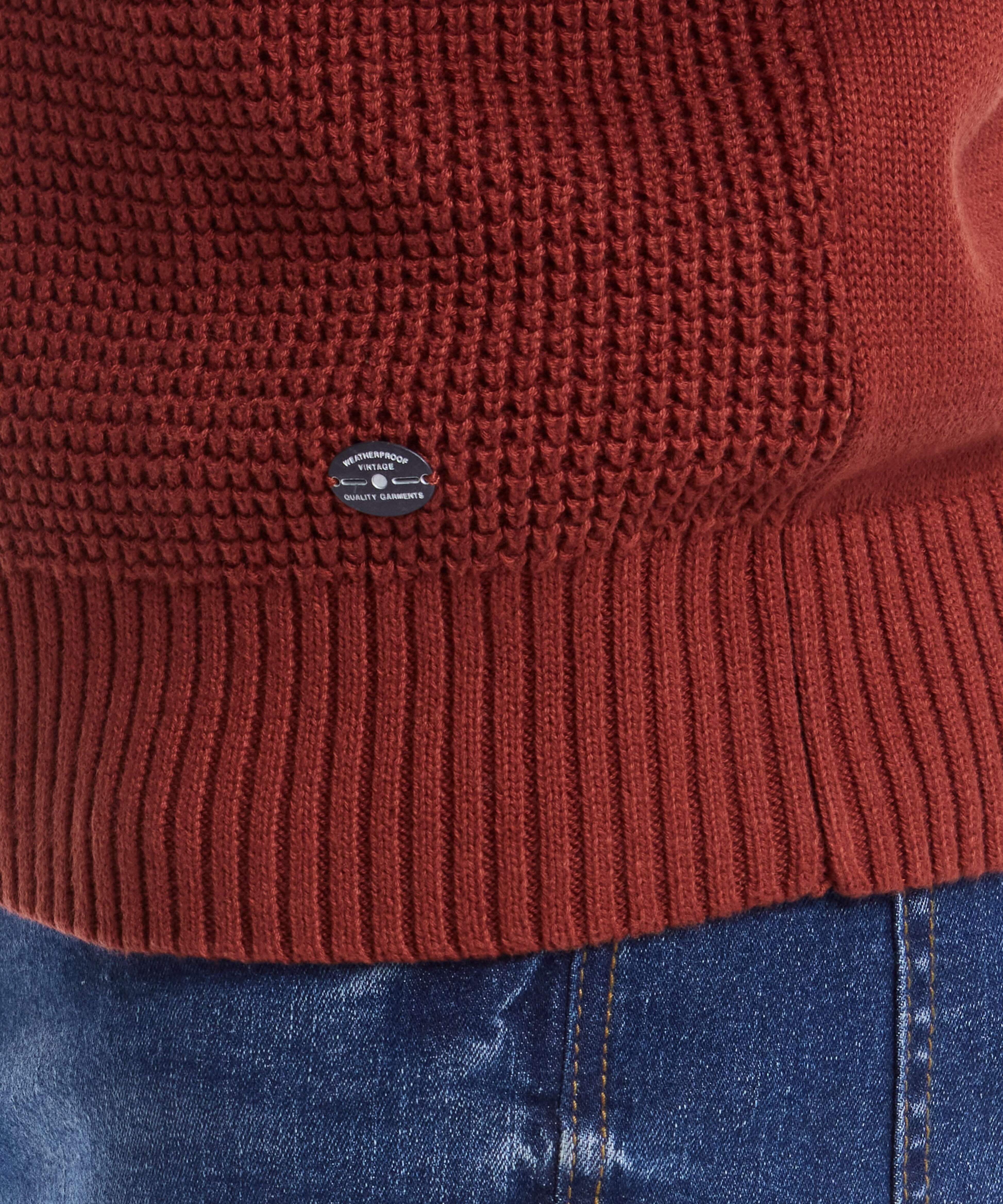 4 zip sweater in roasted russet, featuring a soft cotton material and ribbed hem.