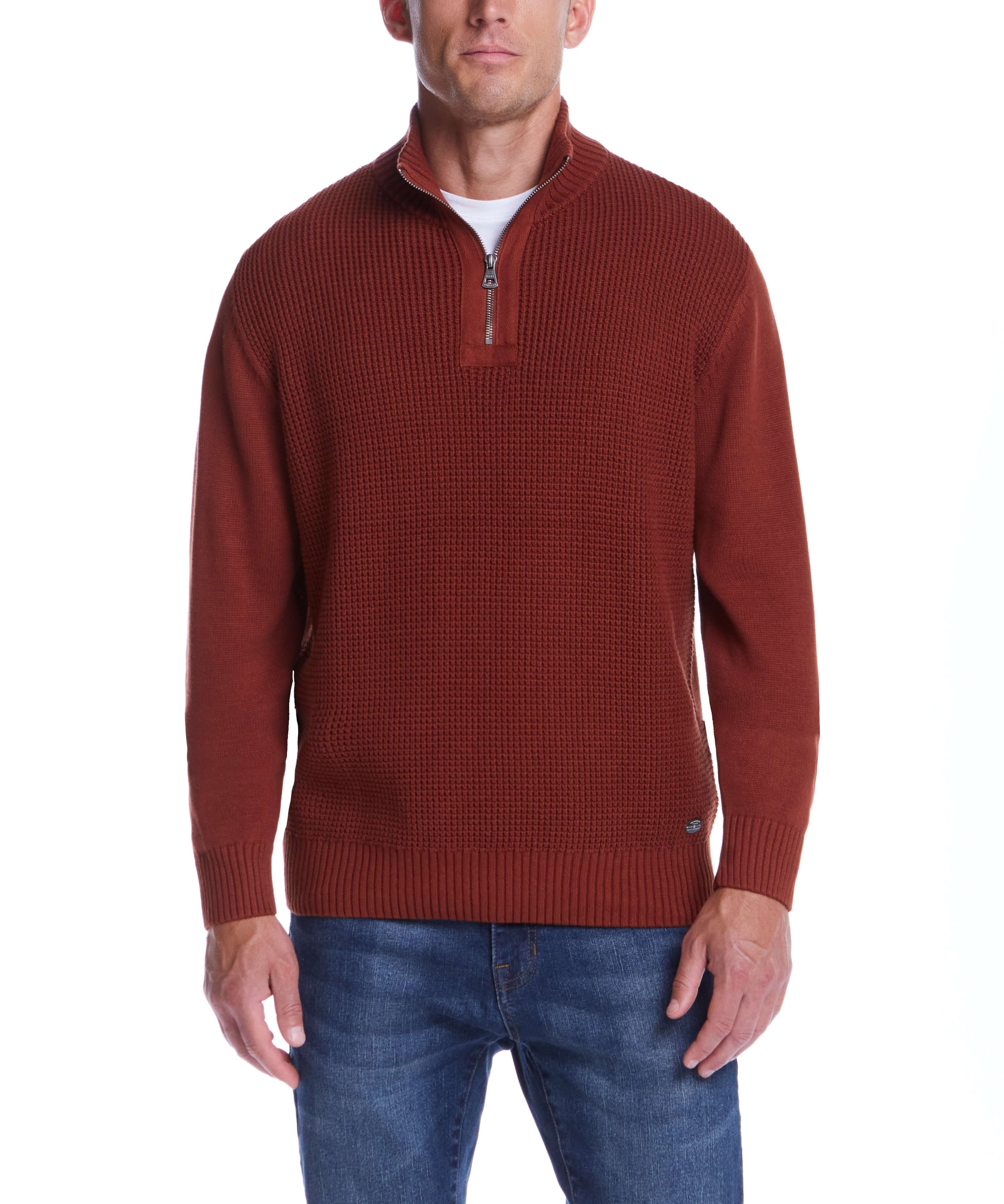4 zip sweater in roasted russet, crafted from 100% cotton for comfort and style.