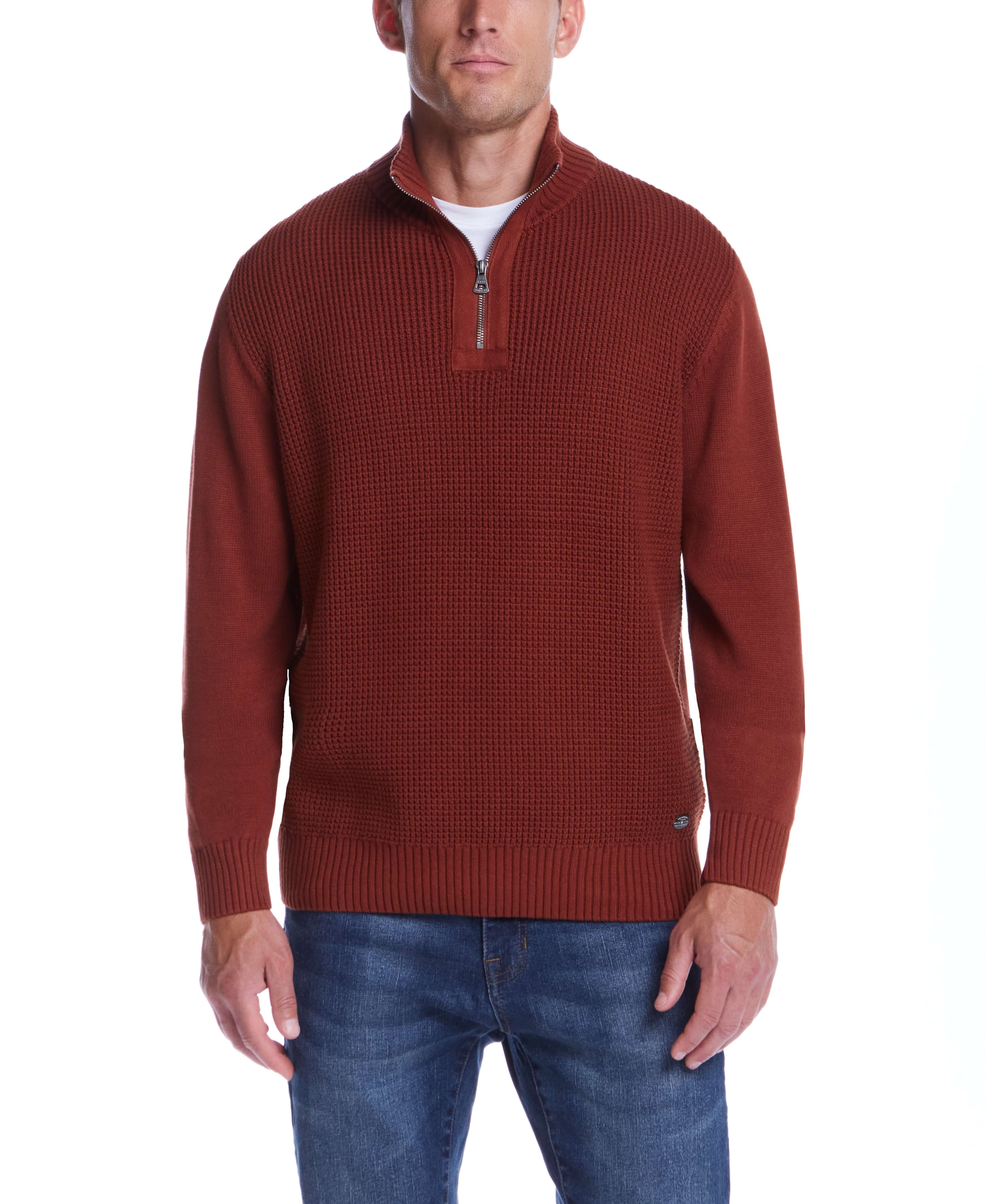 Waffle texture 1/4 zip sweater in roasted russet, crafted from 100% cotton for comfort and style.