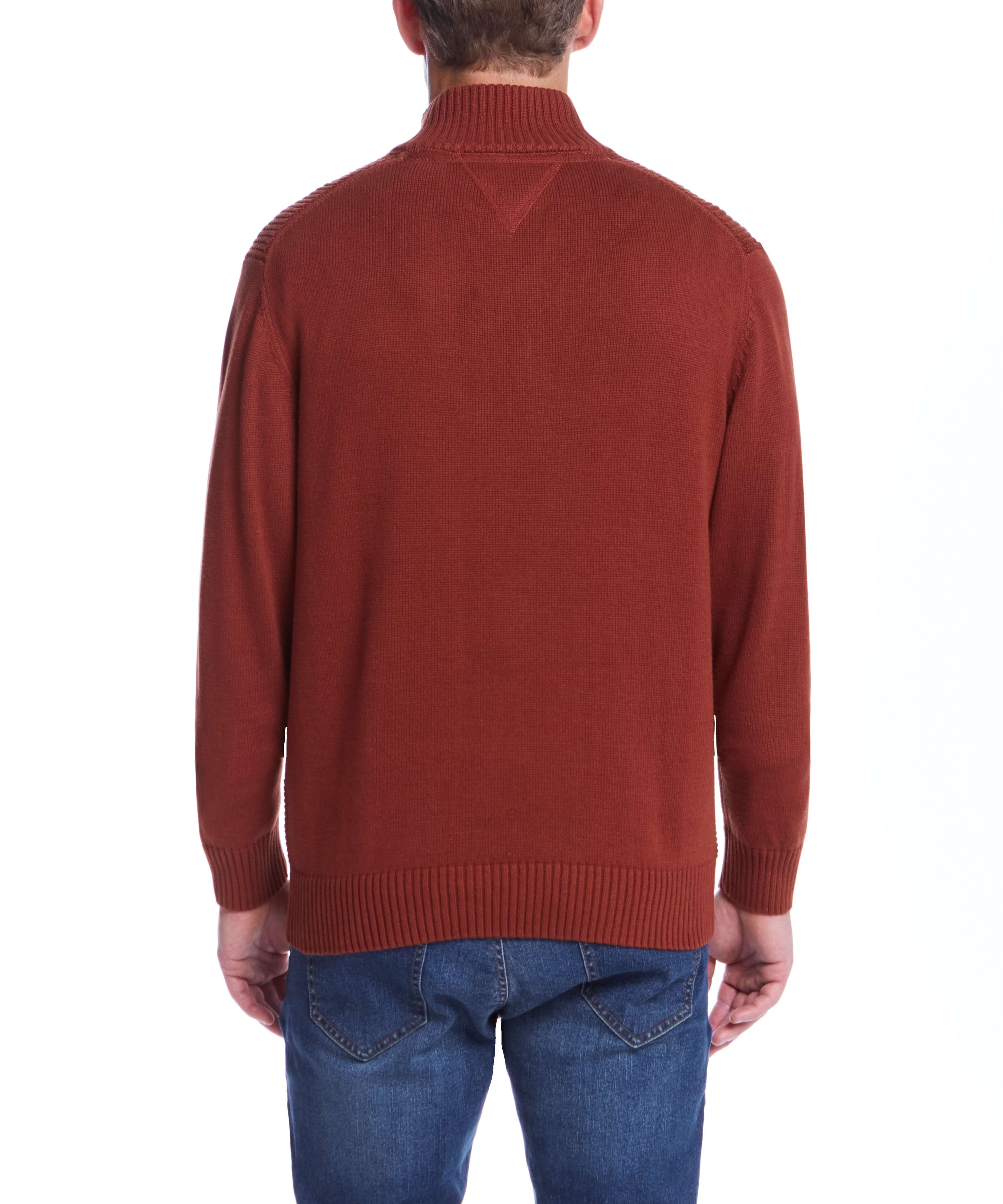 4 zip sweater in roasted russet, crafted from 100% cotton.