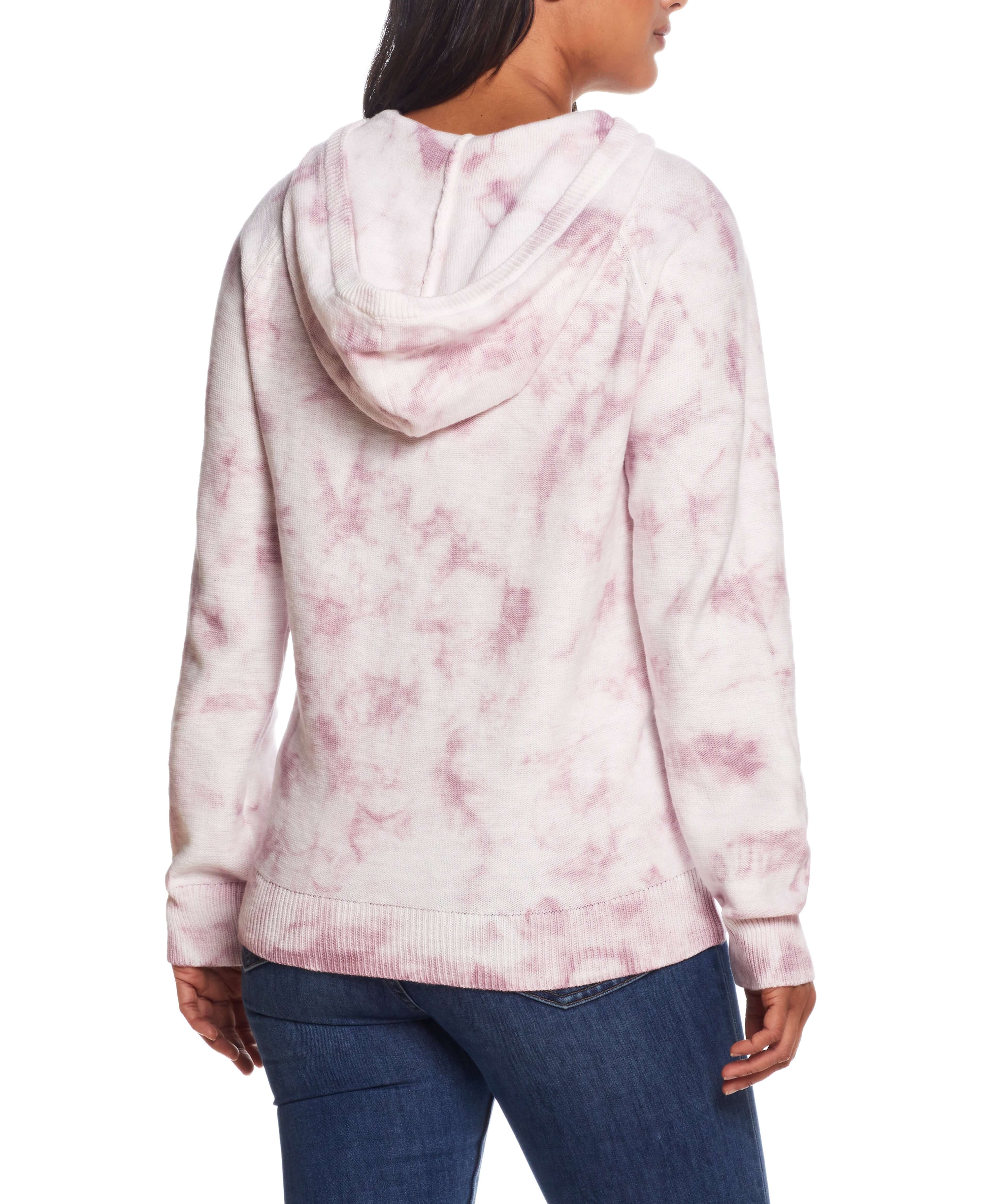 Back view of a Water Color Hoodie In Nirvana featuring a pink tie-dye design, perfect for casual wear.