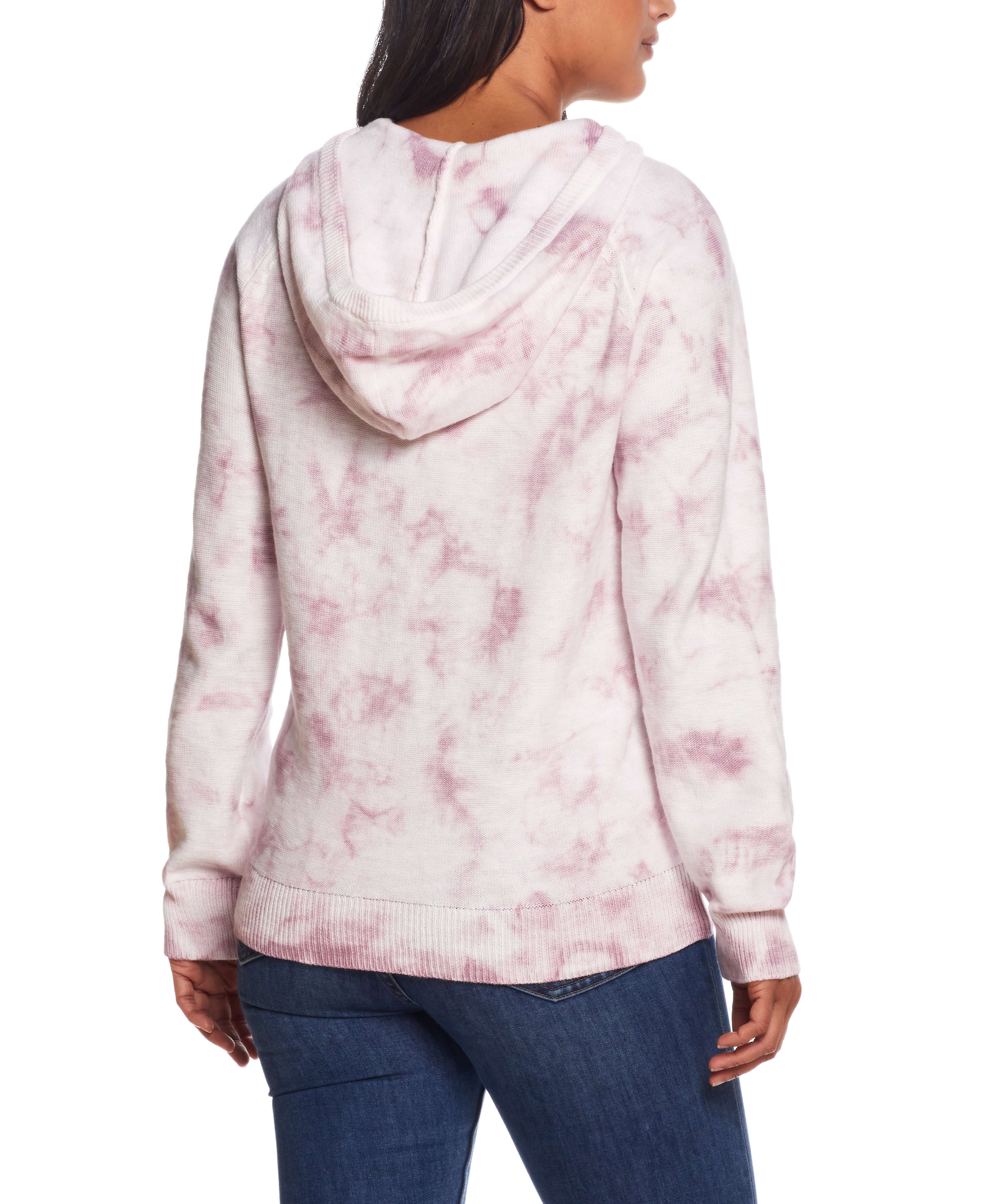Back view of a Water Color Hoodie In Nirvana featuring a pink tie-dye design, perfect for casual wear.