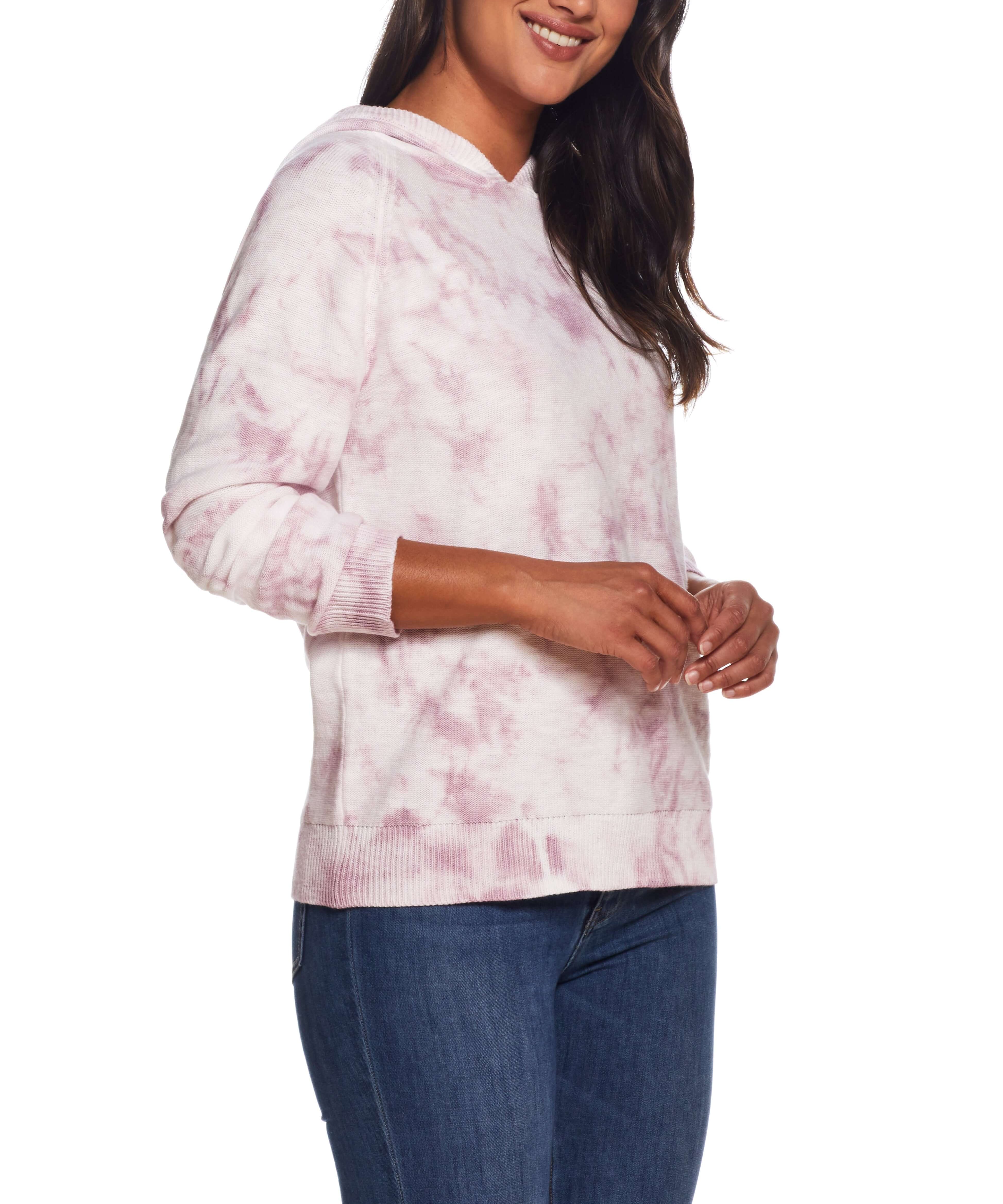 Water Color Hoodie  In Nirvana worn by a model, showcasing unique tie-dye design and relaxed fit.