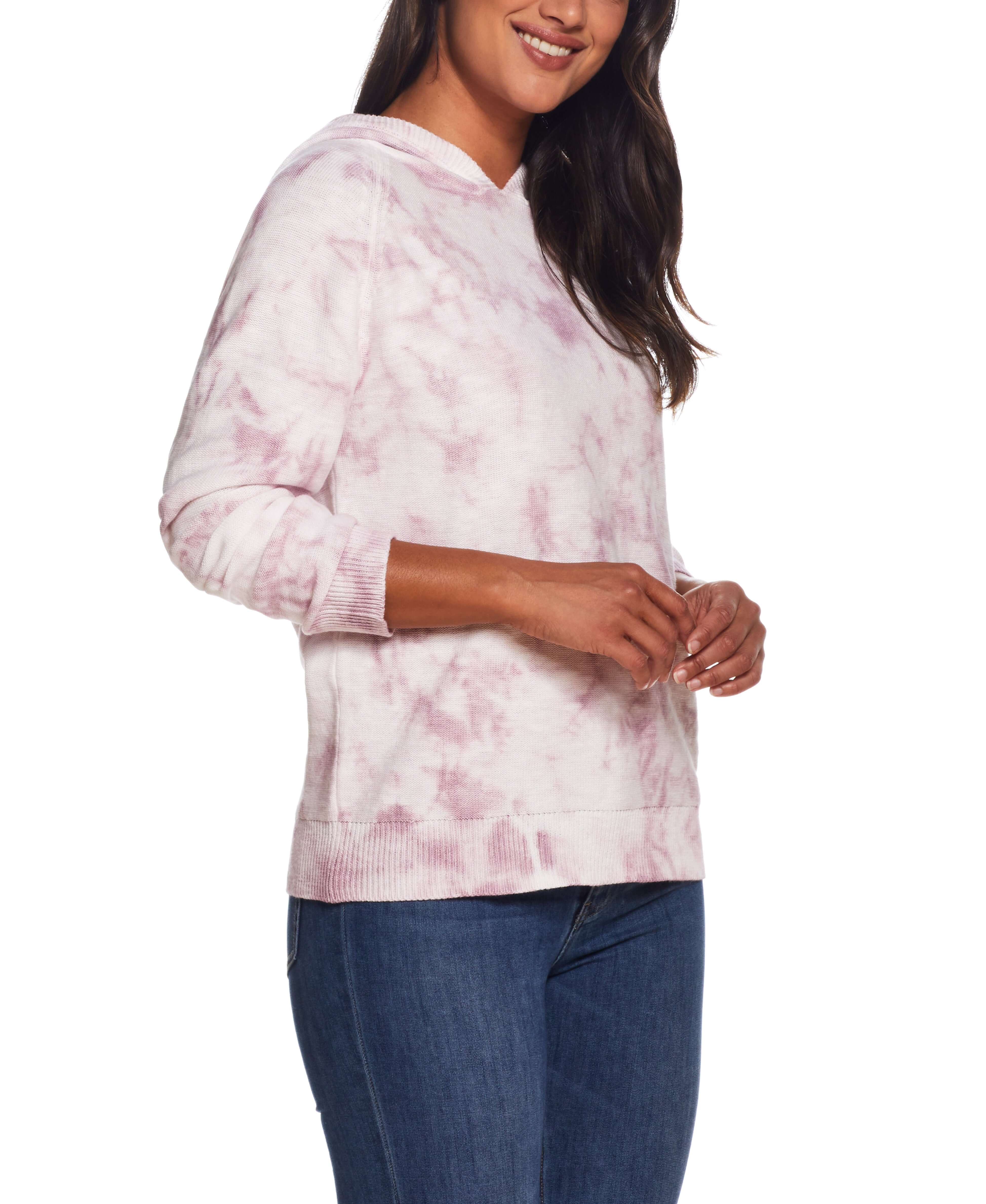 Water Color Hoodie  In Nirvana worn by a model, showcasing unique tie-dye design and relaxed fit.