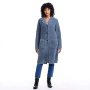 Women's mid charcoal plush coatigan with button closure and front patch pockets, perfect for fall layering.