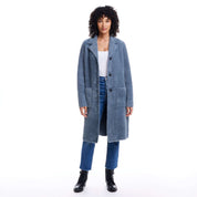 Women's plush coatigan in mid charcoal, featuring button closure and front patch pockets, perfect for fall layering.