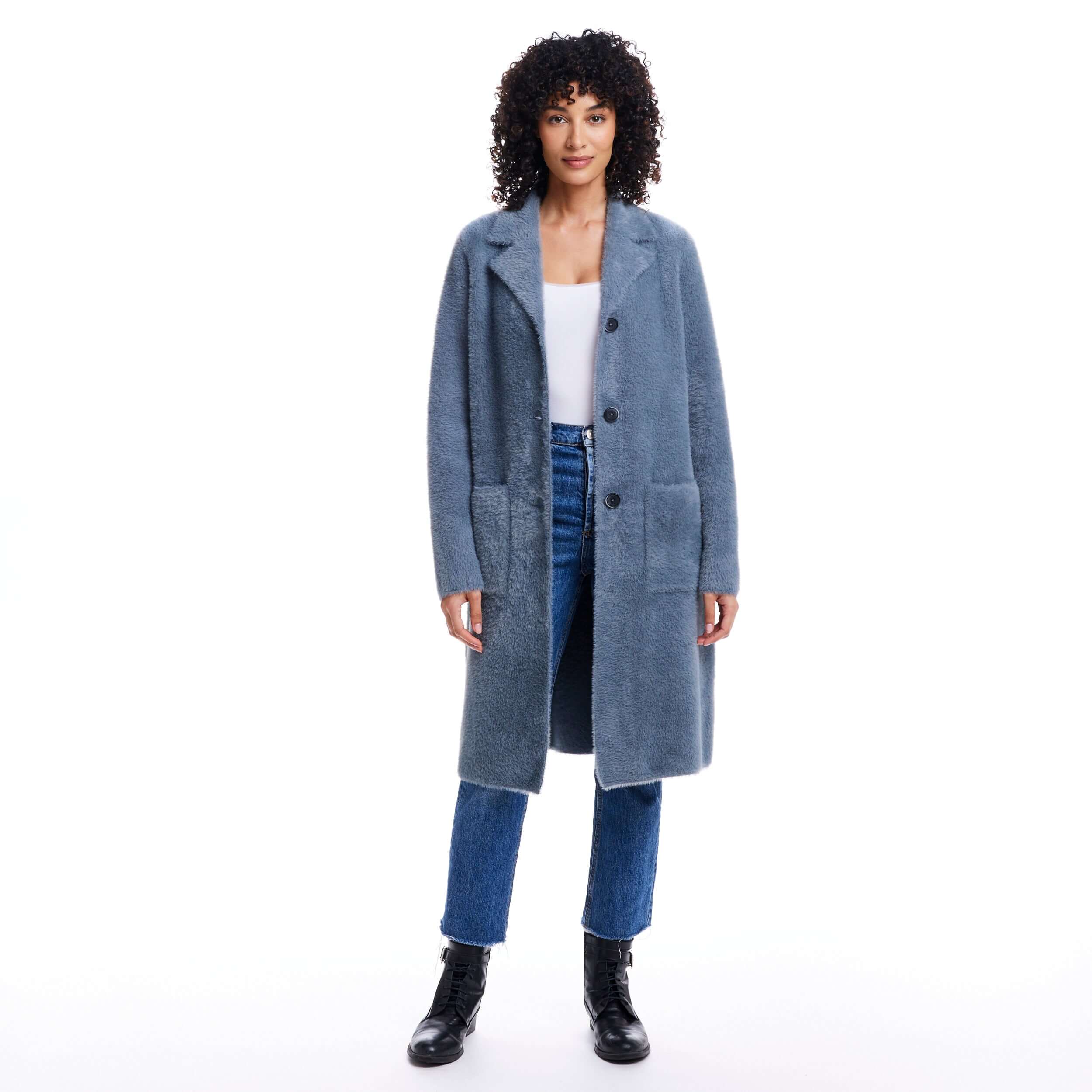 Women's plush coatigan in mid charcoal, featuring button closure and front patch pockets, perfect for fall layering.