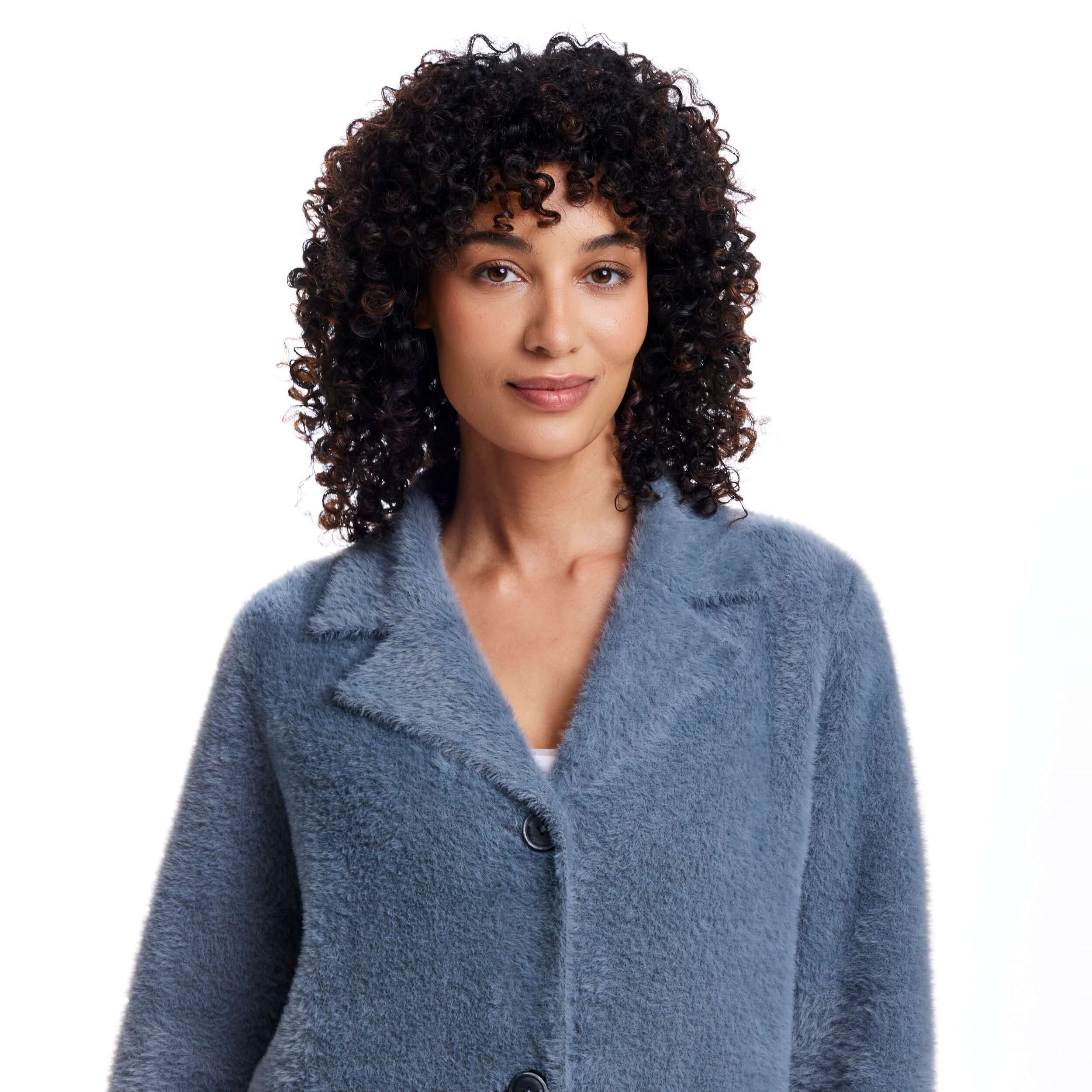 Women's mid charcoal plush coatigan with button closure and front patch pockets, designed for a lightweight fall experience.